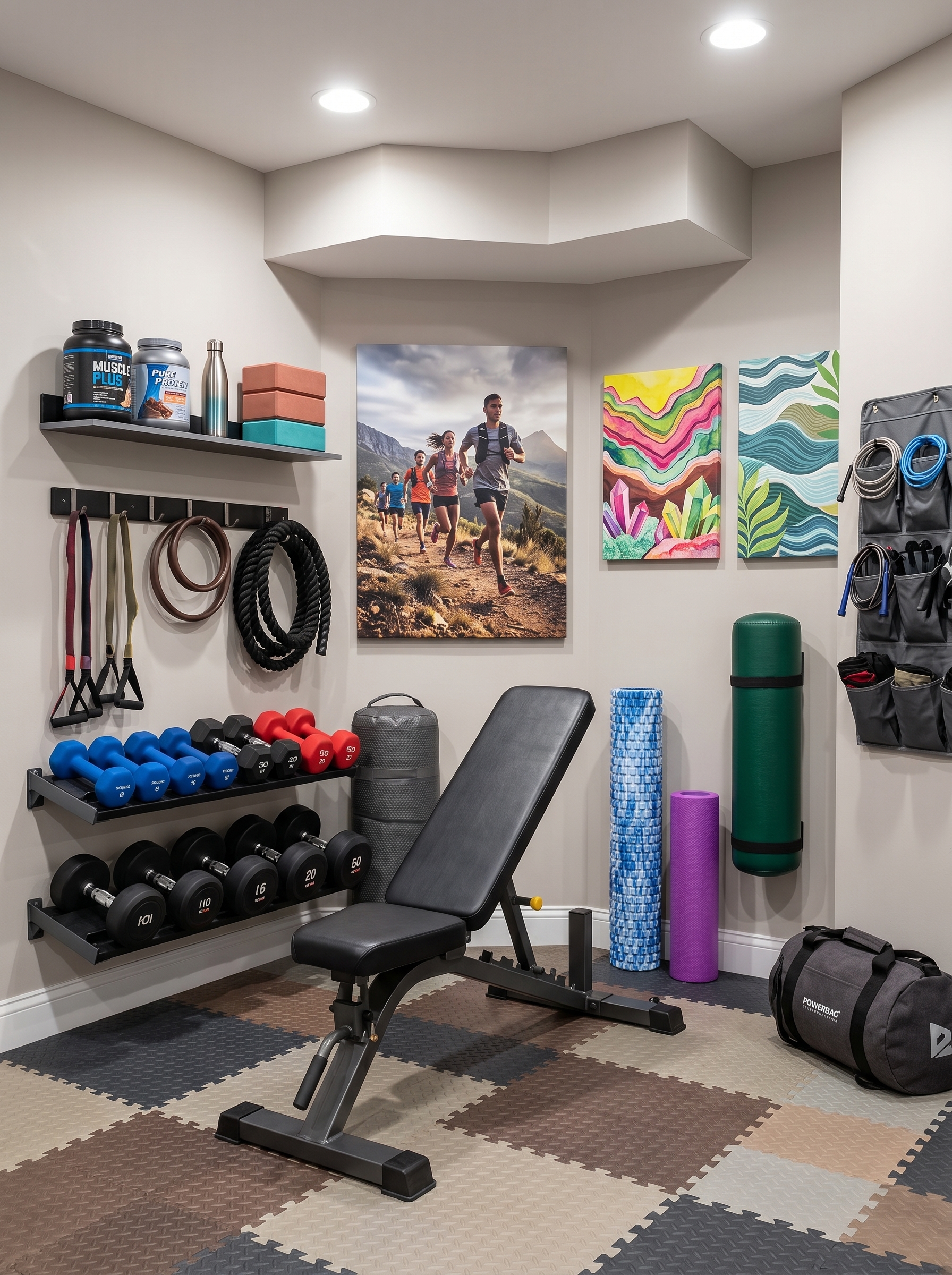 Small home gym idea with compact workout equipment, dumbbell storage, exercise mat, mirror, and modern fitness room decor