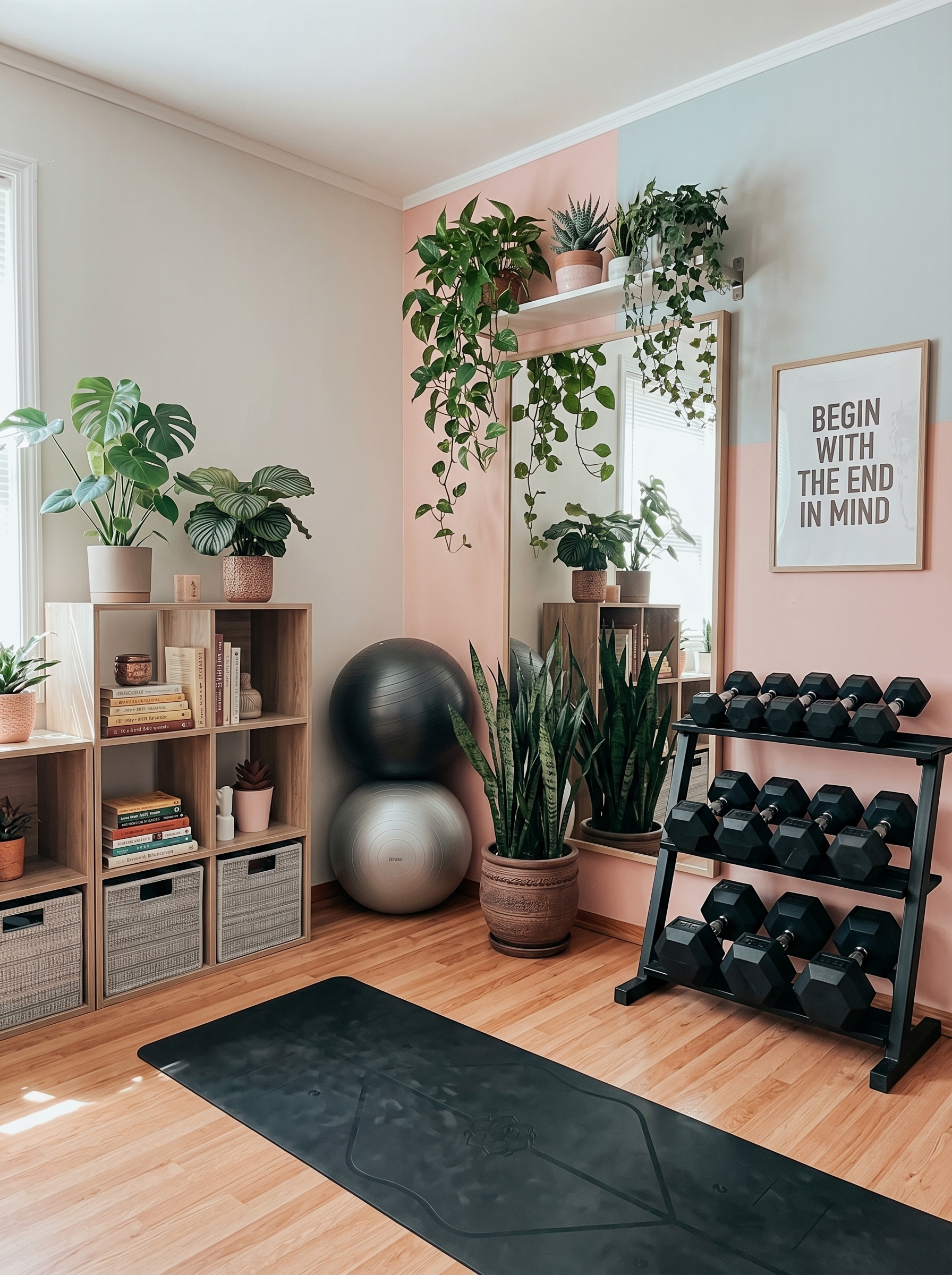 Compact corner small home gym with wall-mounted dumbbell racks, resistance bands, battle ropes, yoga blocks, foam rollers, and exercise mat