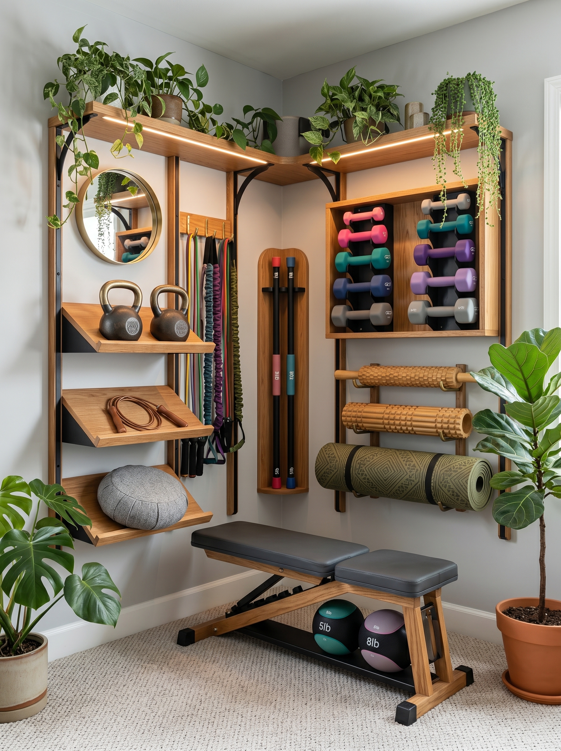 Plant-filled small home gym with wall mirror, exercise mat, dumbbell rack, stability balls, motivational art, and wood flooring
