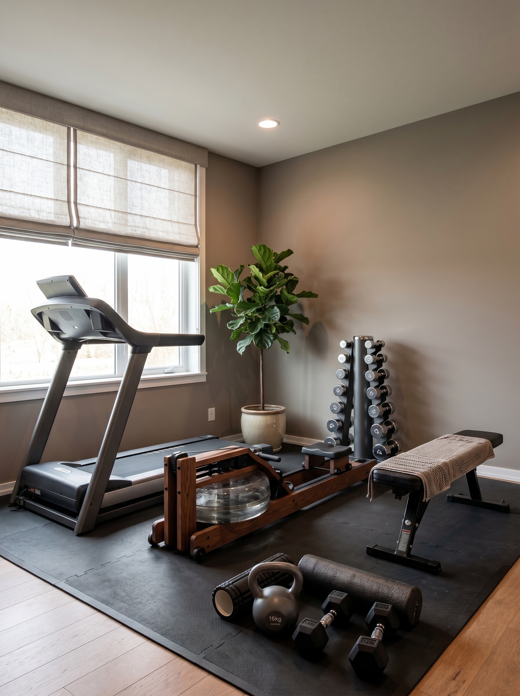 Small home gym with wooden shelves, resistance bands, kettlebells, colorful dumbbells, foam rollers, yoga mats, and indoor plants