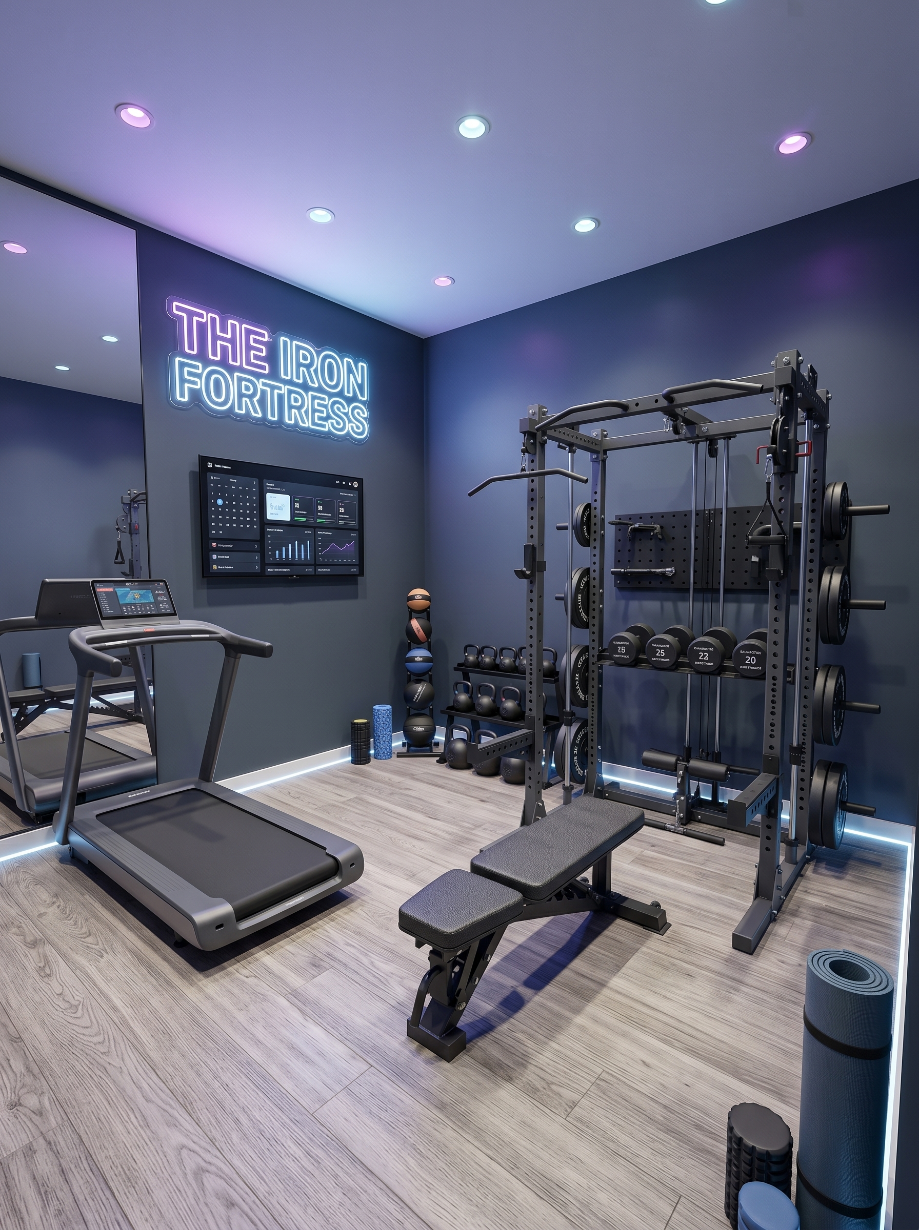 Small home gym with treadmill, rowing machine, adjustable bench, vertical dumbbell rack, kettlebells, gym flooring, and window light