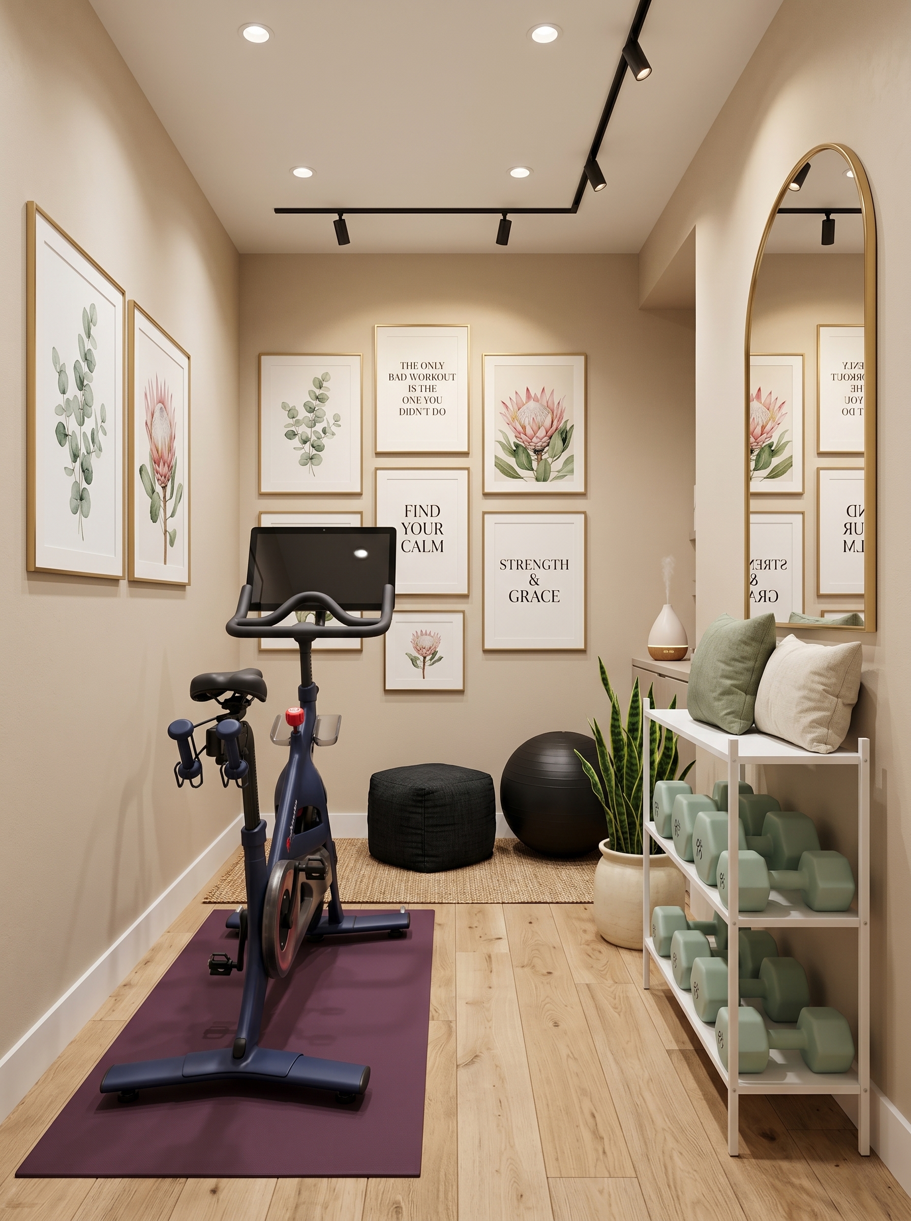 Bold modern small home gym with treadmill, strength rack, dumbbells, LED strip lighting, neon gym sign, mirror wall, and dark decor