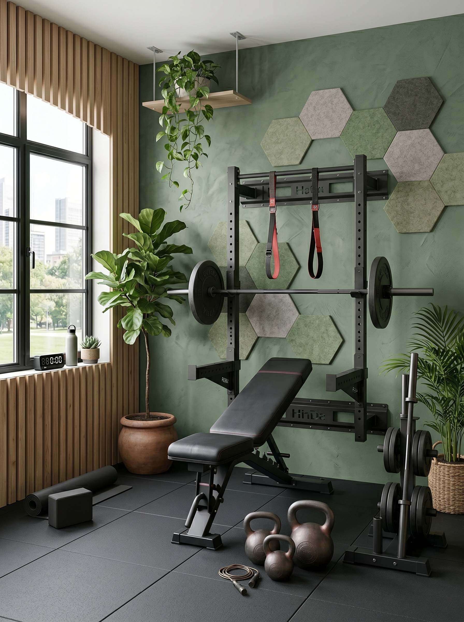 Narrow small home gym with stationary bike, yoga mat, dumbbells, full-length mirror, indoor plants, and motivational wall art
