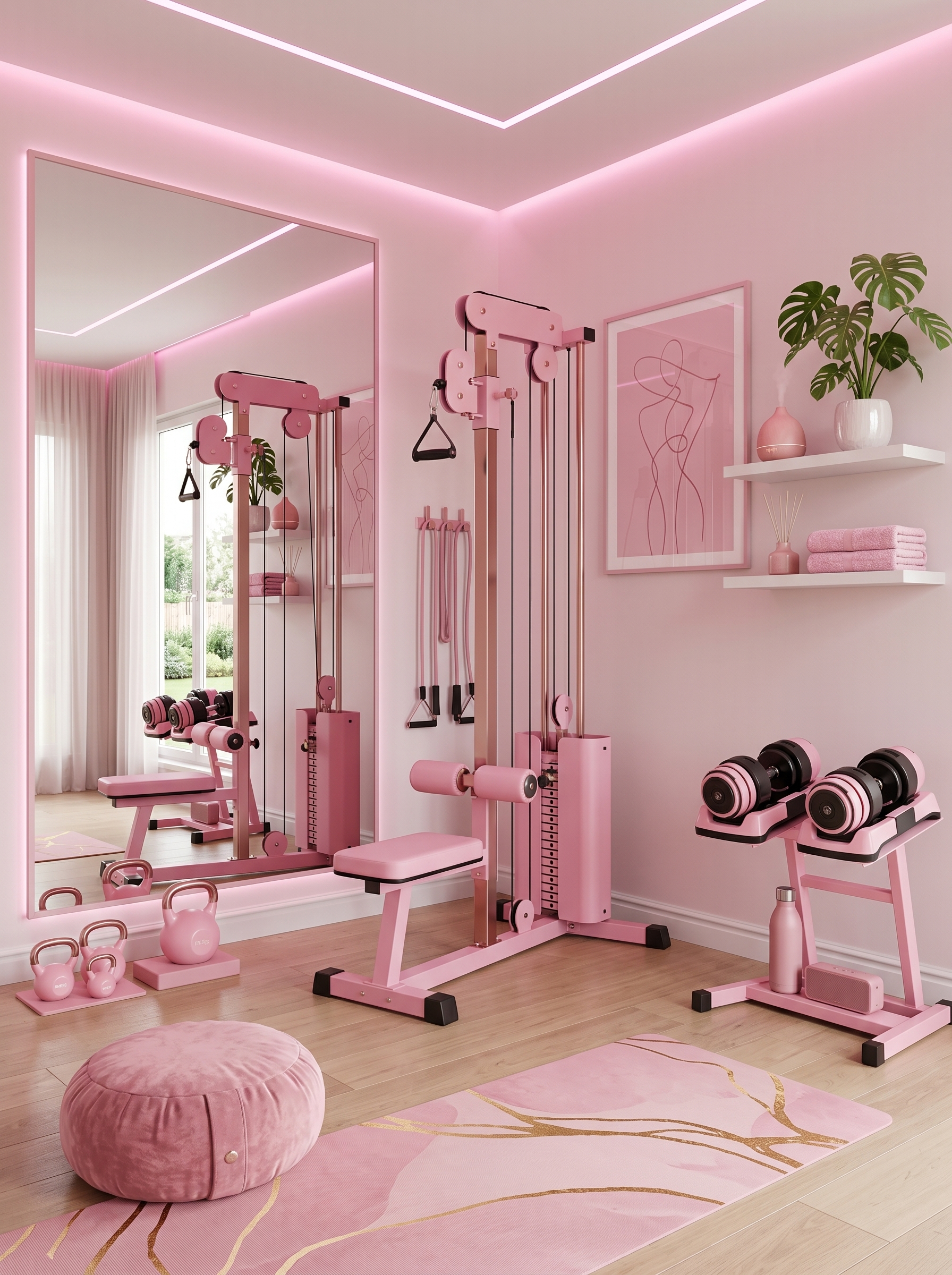 Green small home gym with squat rack, barbell, weight plates, adjustable bench, black gym flooring, plants, and wood wall paneling