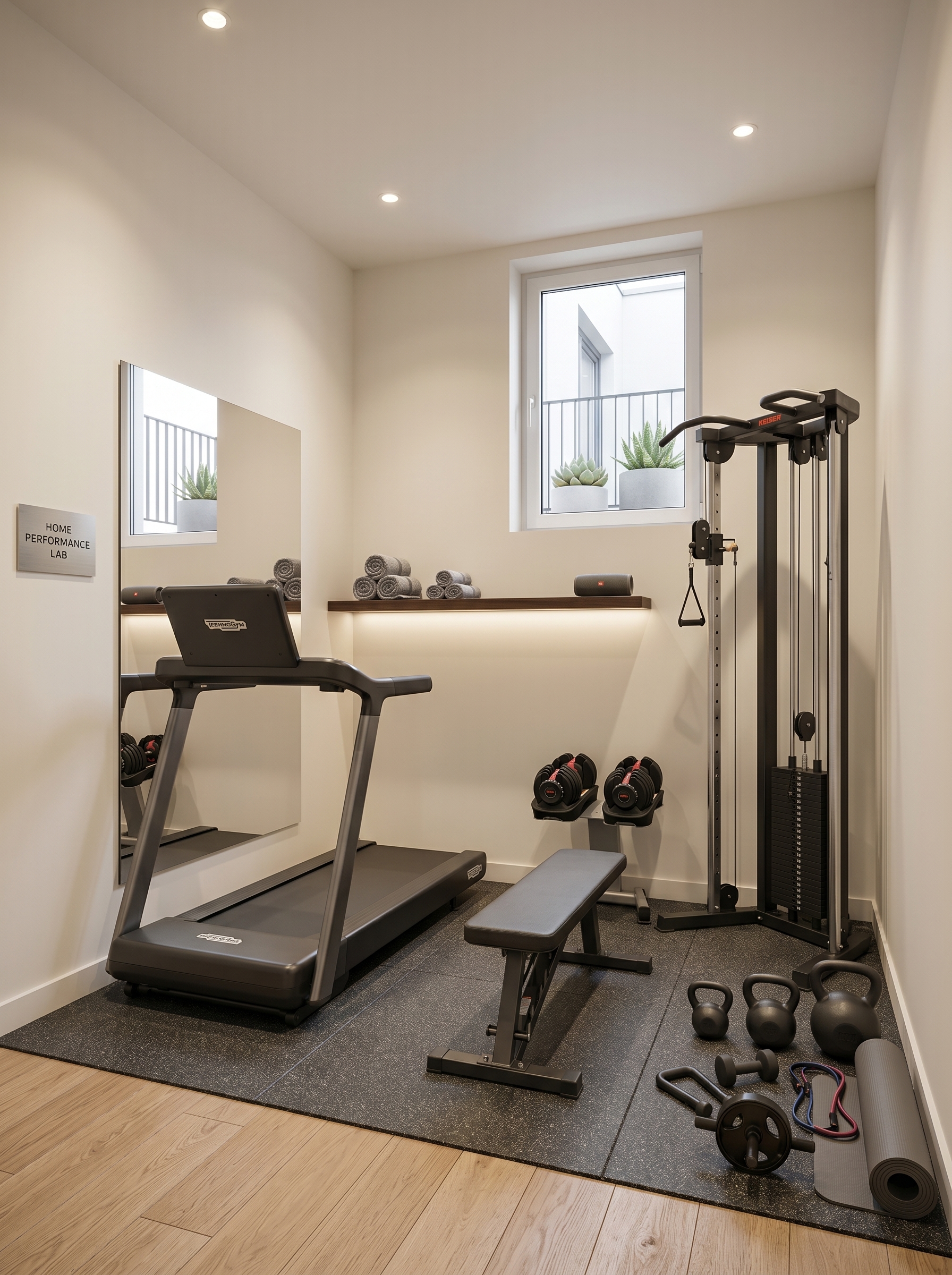 Pink small home gym with cable machine, adjustable dumbbells, kettlebells, workout bench, yoga mat, wall mirror, and floating shelves