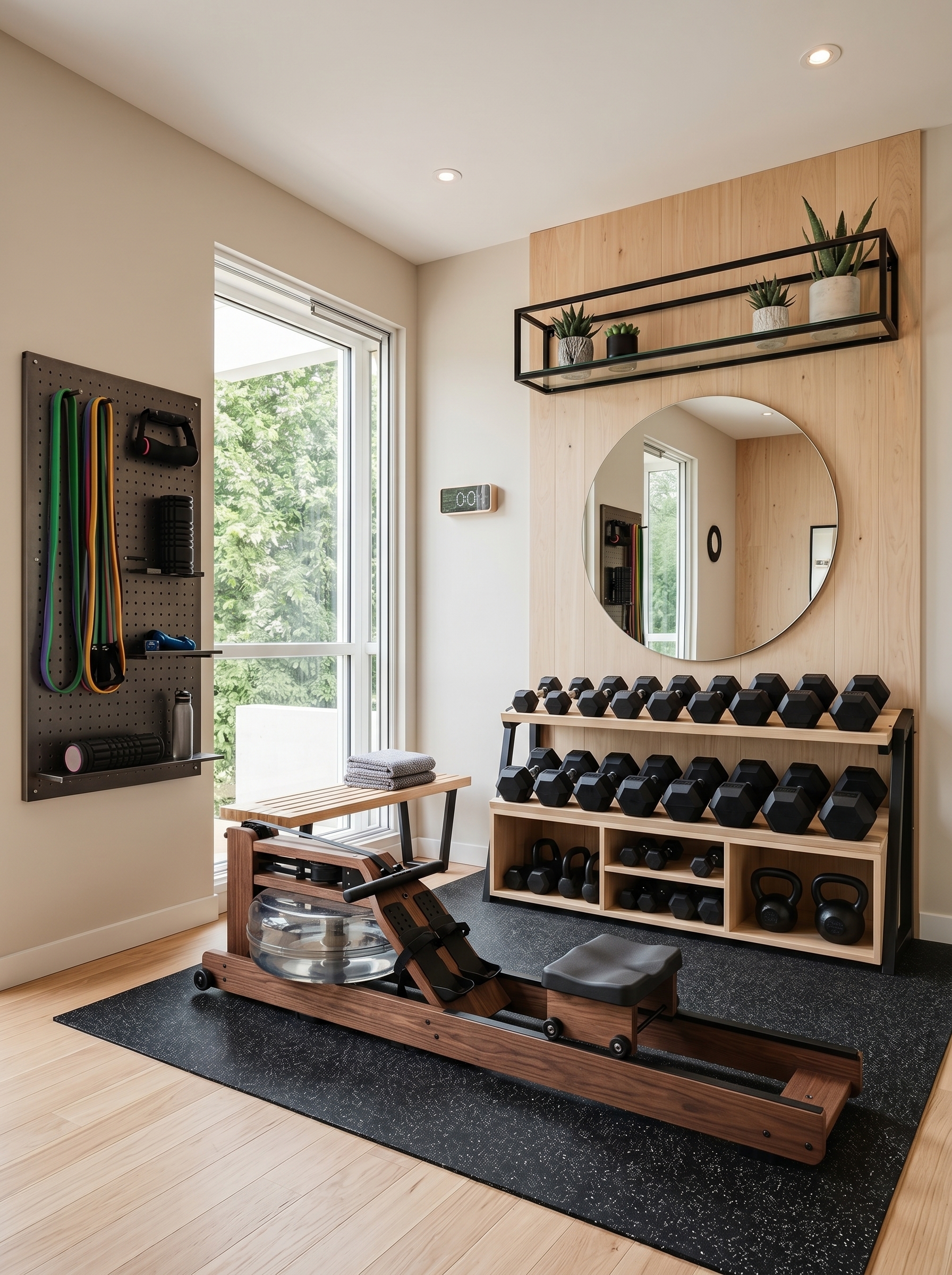 Minimal small home gym in a narrow room with treadmill, cable machine, workout bench, dumbbells, mirror, yoga mats, and rubber flooring