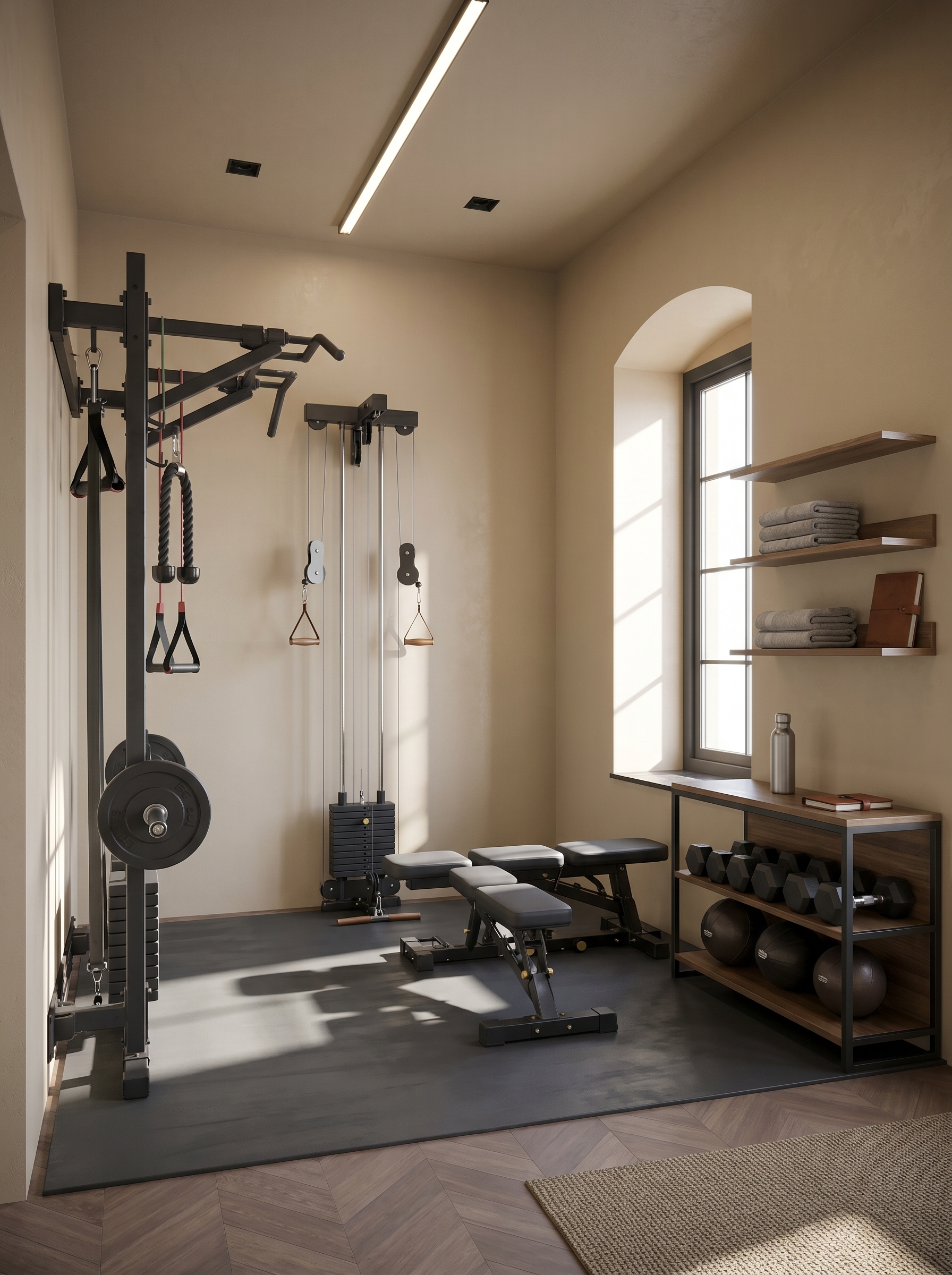 Bright small home gym with wooden rowing machine, dumbbell rack, kettlebells, pegboard storage, round mirror, and window light