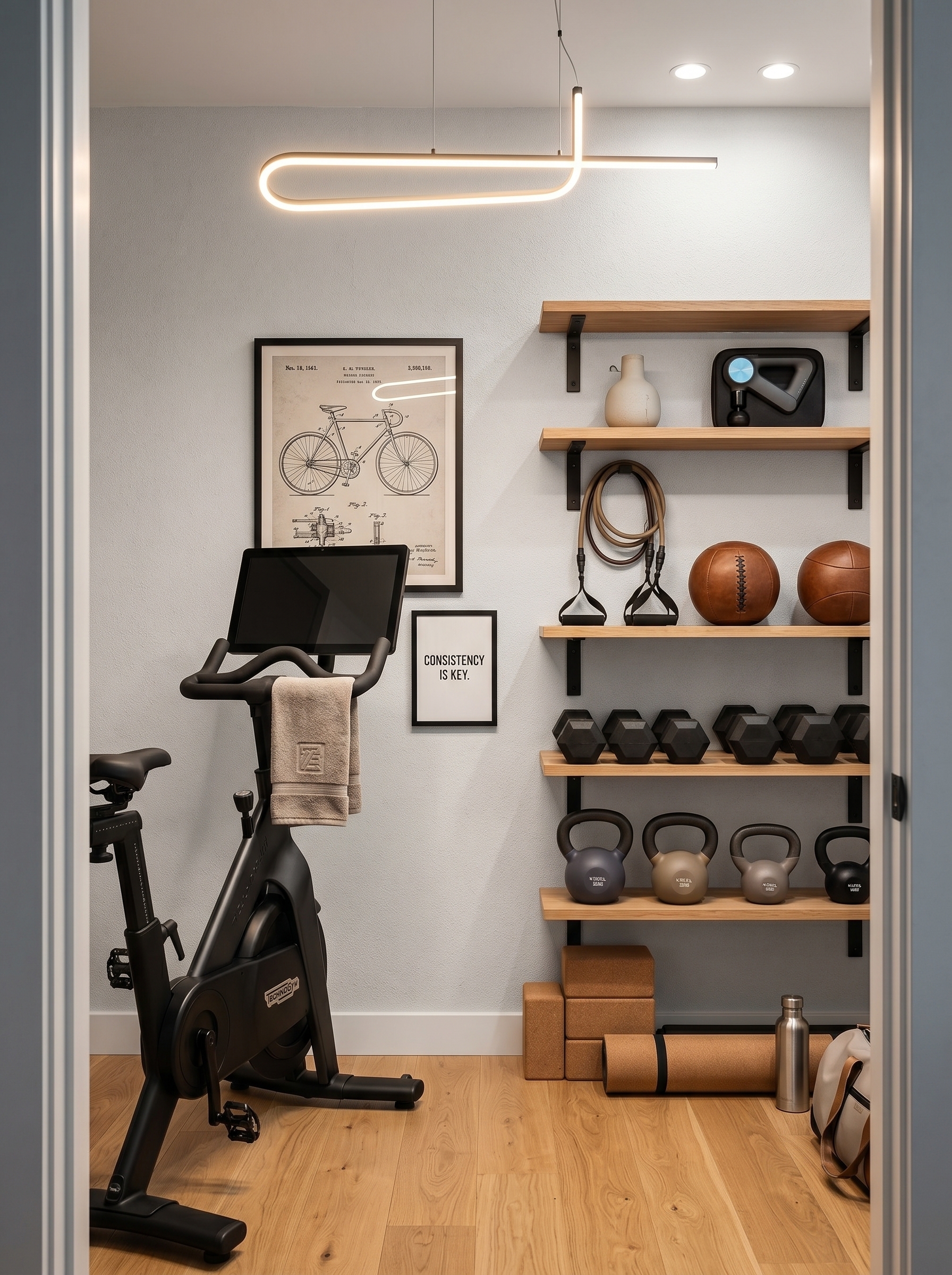 Small home gym with wall-mounted strength station, pull-up bar, cable attachments, adjustable bench, dumbbells, shelves, and arched window