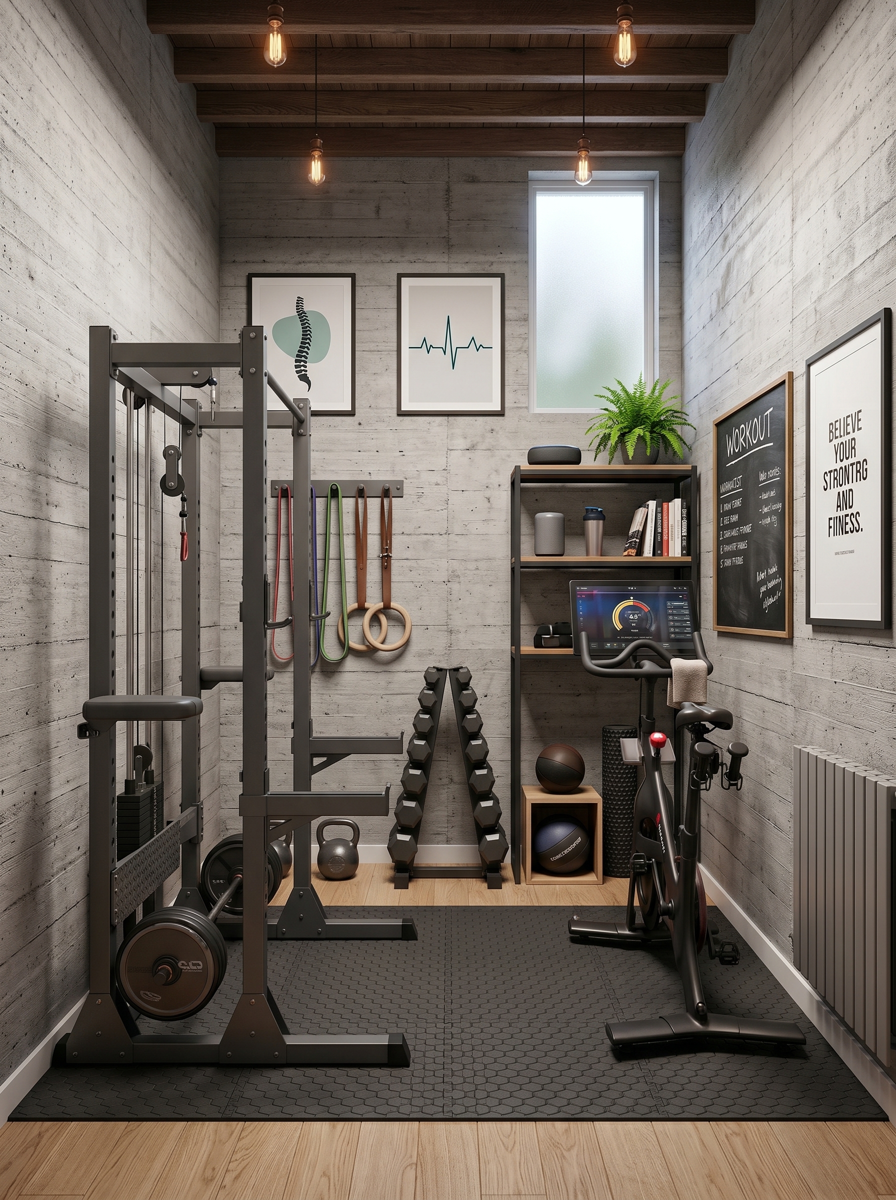 Organized small home gym with stationary bike, wall-mounted wooden shelves, dumbbells, kettlebells, resistance bands, and yoga blocks