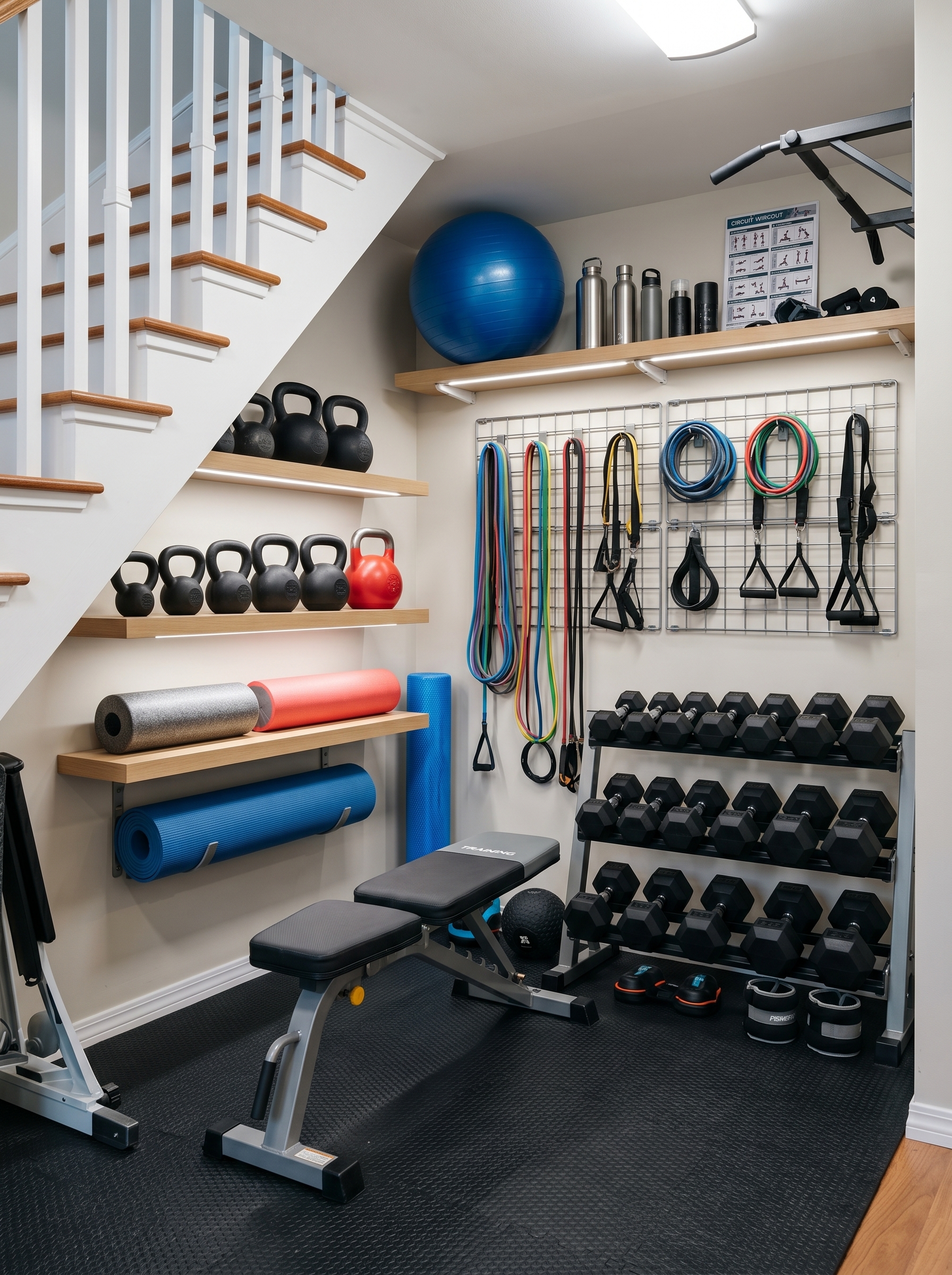 Industrial small home gym with strength rack, cable machine, stationary bike, dumbbell stand, resistance bands, rings, and rubber mats
