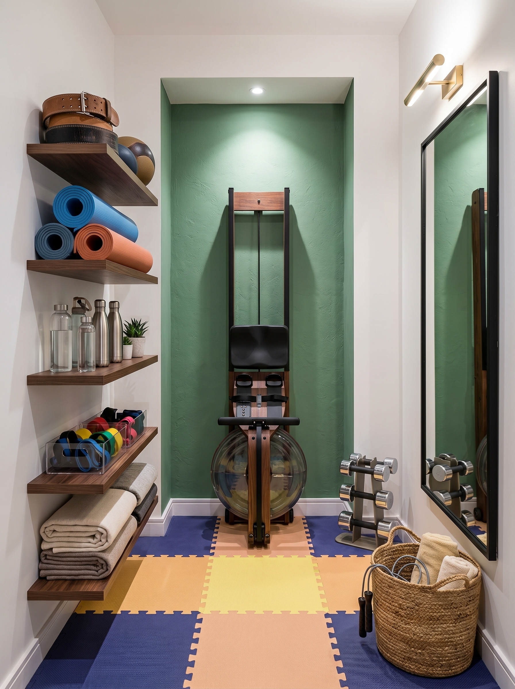 Under-stair small home gym with wall shelves, kettlebells, dumbbells, resistance bands, yoga mats, foam rollers, and rubber flooring