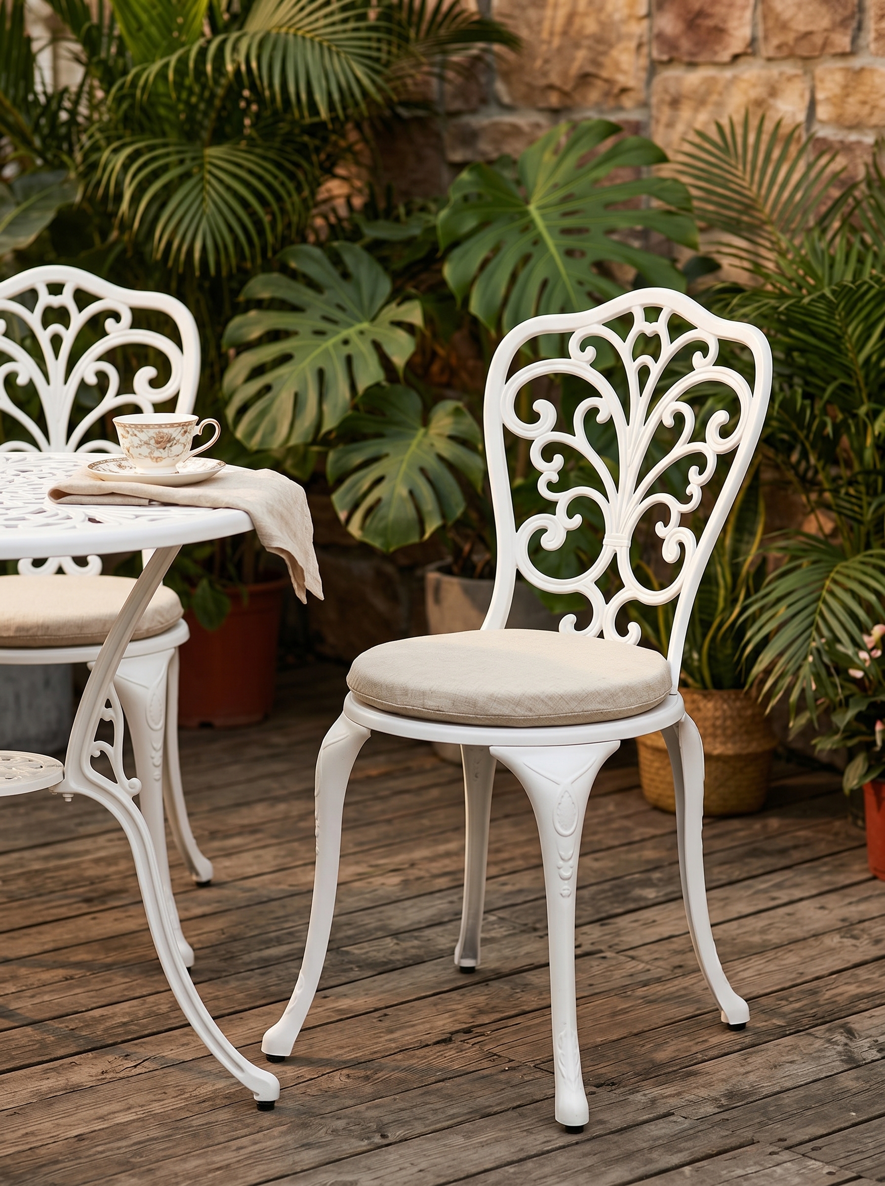 Bright orange outdoor dining chair with curved armrests, slatted back, stone flooring, plants, and summer patio decor
