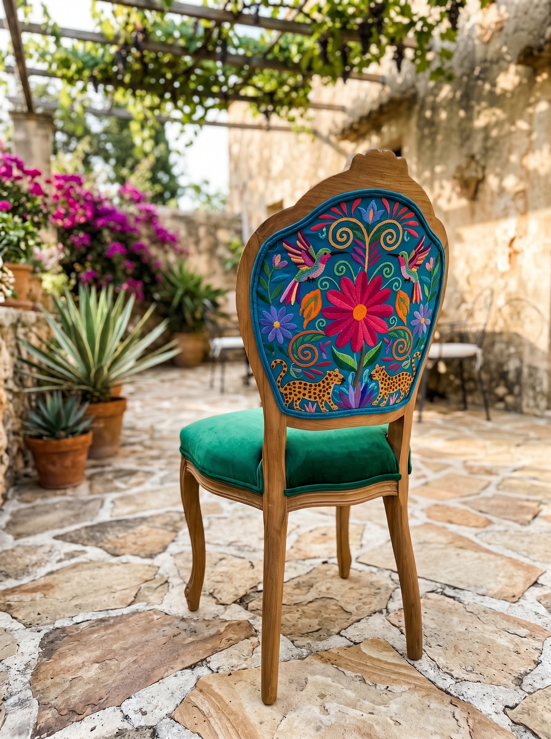 Vintage cottage outdoor dining chair with cream frame, carved details, floral cushion, gingham backrest, gravel patio, and flowers