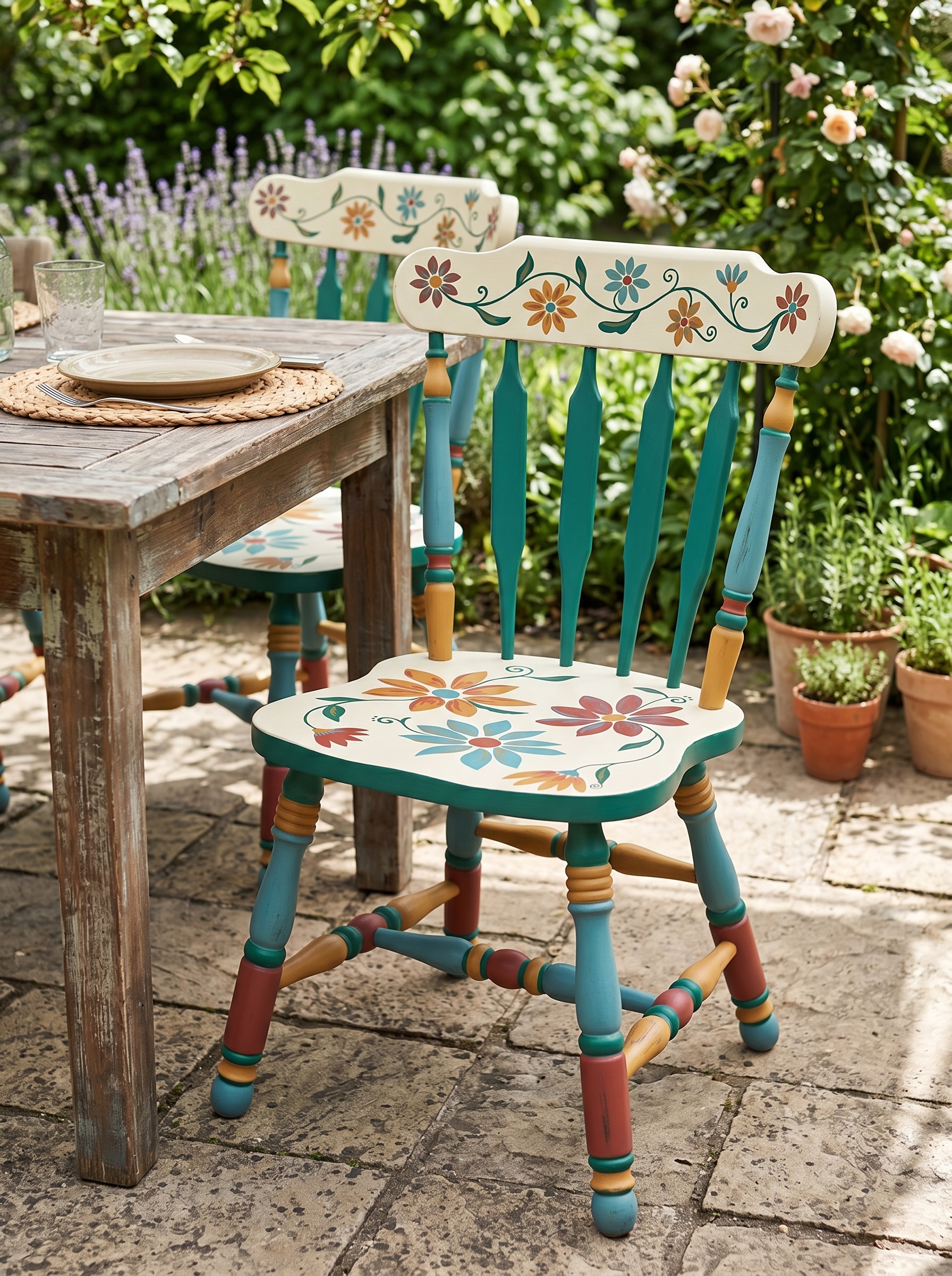 Lime green outdoor dining chair with blue floral cushion, scrollwork frame, bistro table, wooden floor, and porch decor