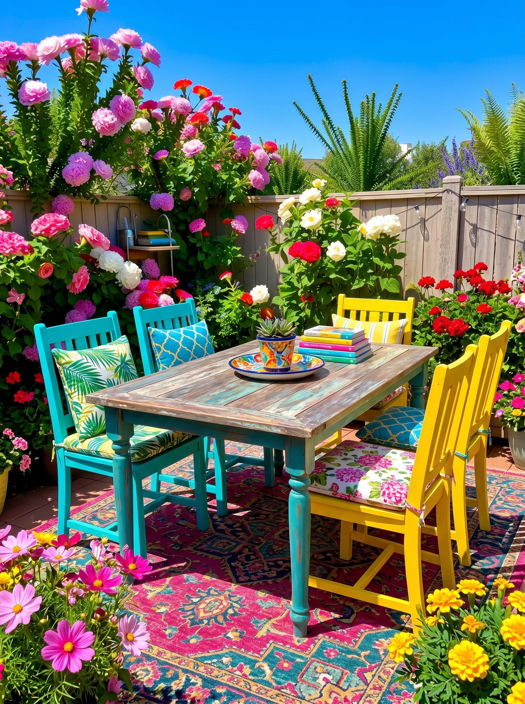 White vintage outdoor dining chair with ornamental frame, soft cushion, wooden flooring, tropical plants, and garden dining setup