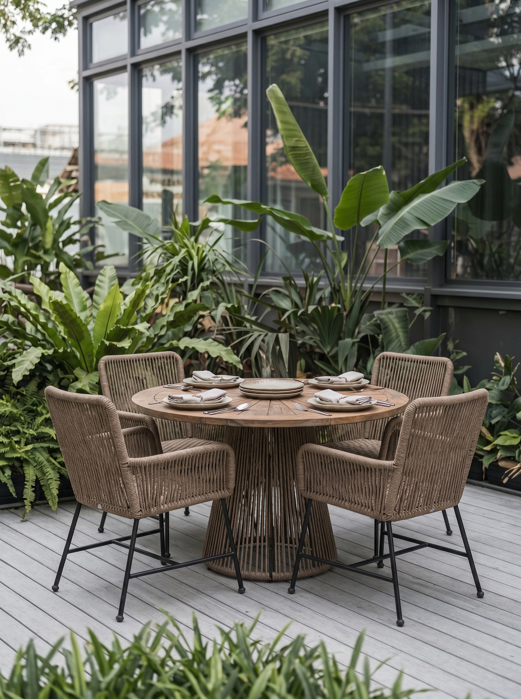 Green and yellow modern outdoor dining chair with woven seat, gold legs, coral table, palm trees, and rooftop patio decor