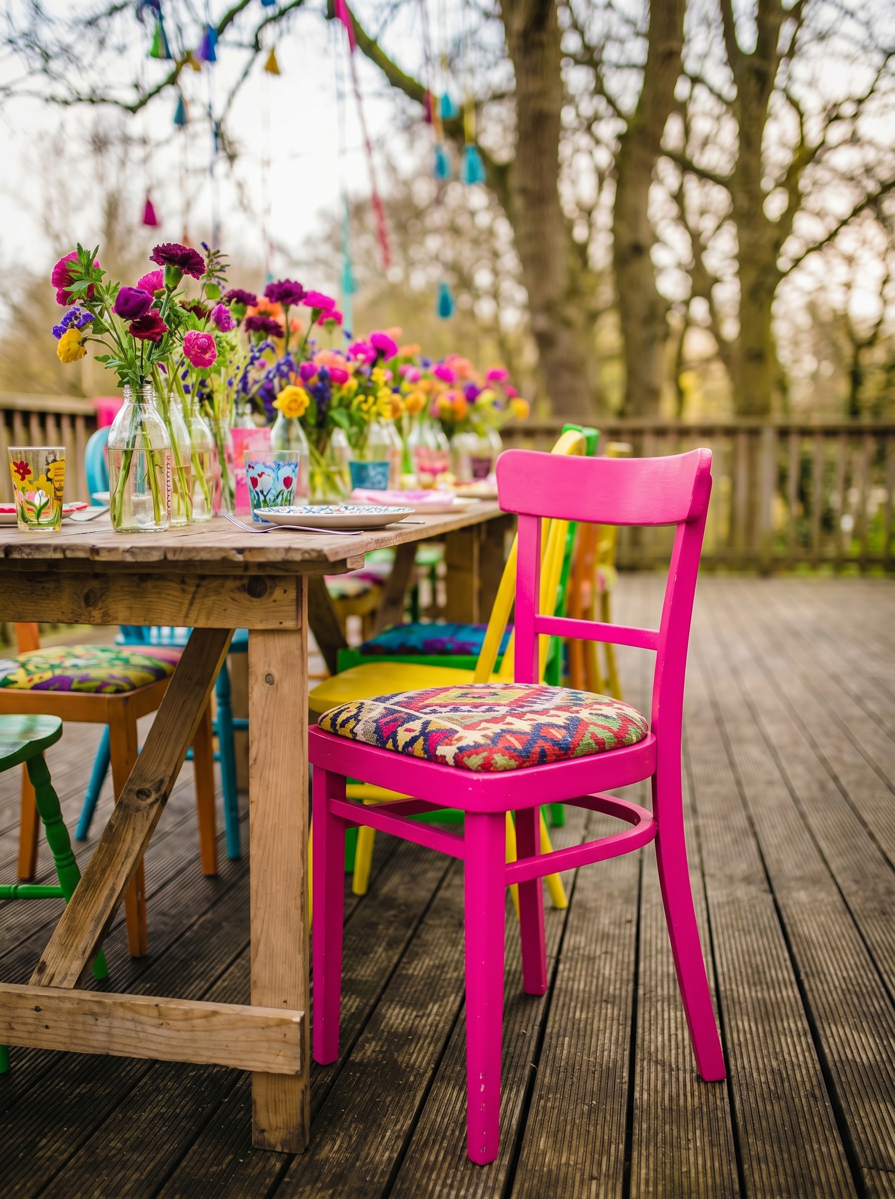 Hand-painted outdoor dining chair with floral artwork, colorful spindle legs, weathered table, stone patio, herbs, lavender, and roses