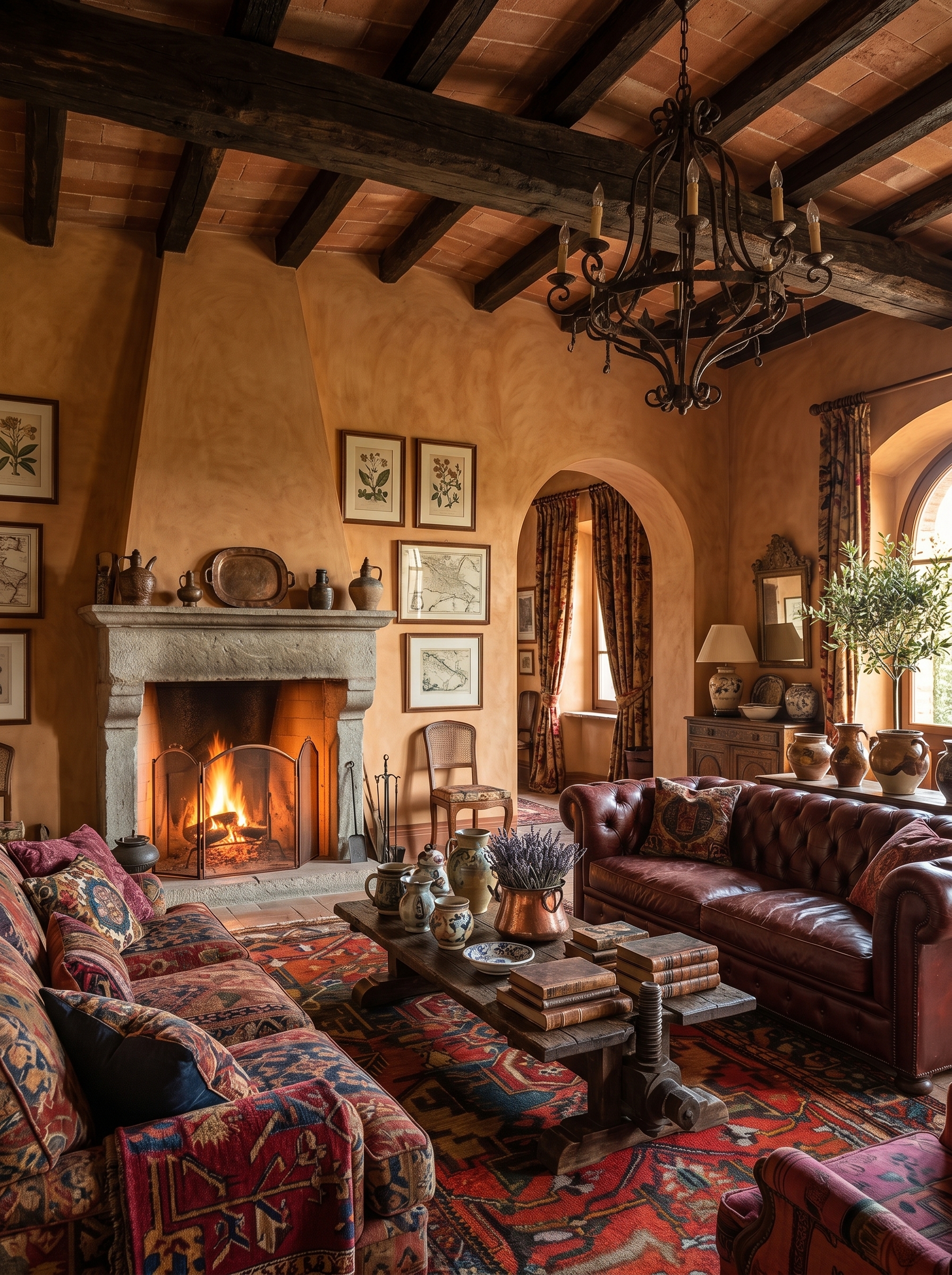 Tuscan living room ideas with rustic wood furniture, stone accents, warm earthy colors, vintage rug, and Mediterranean decor