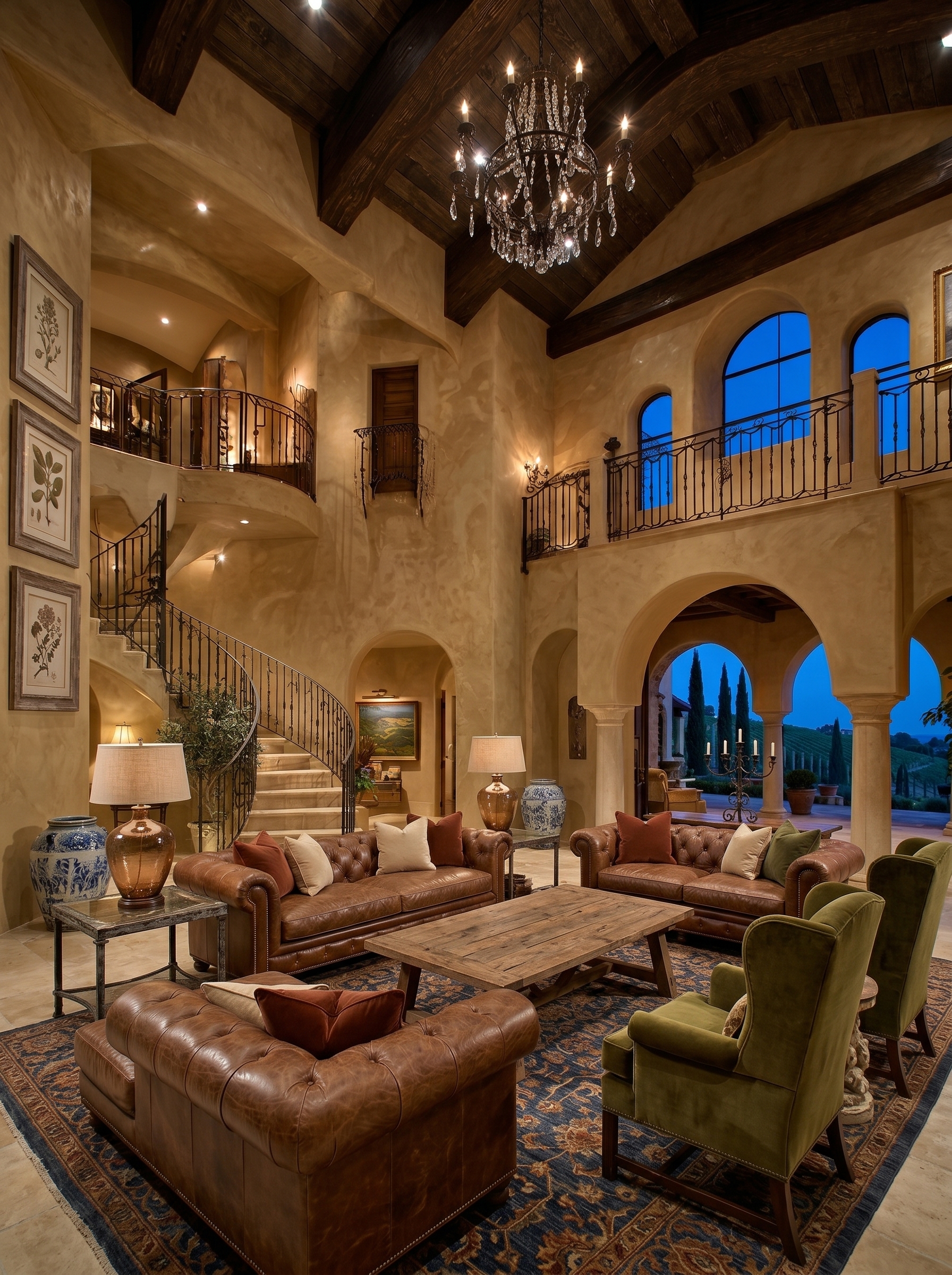 Classic Tuscan living room with stone fireplace, wood ceiling beams, leather sofa, vintage rug, wrought iron chandelier, and terracotta details