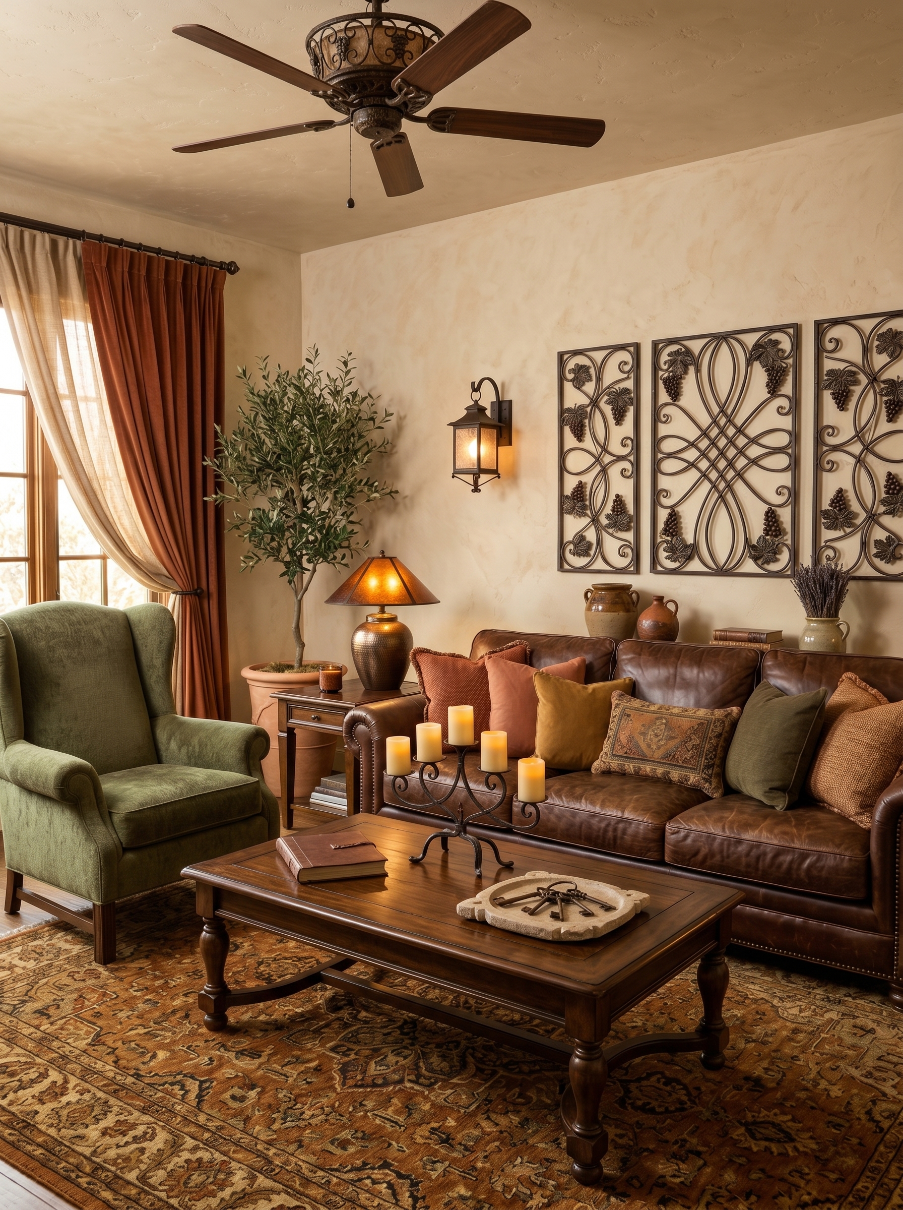 Grand Tuscan living room with arched openings, wood-beamed ceiling, leather sofas, olive green chairs, wrought iron railing, and chandelier