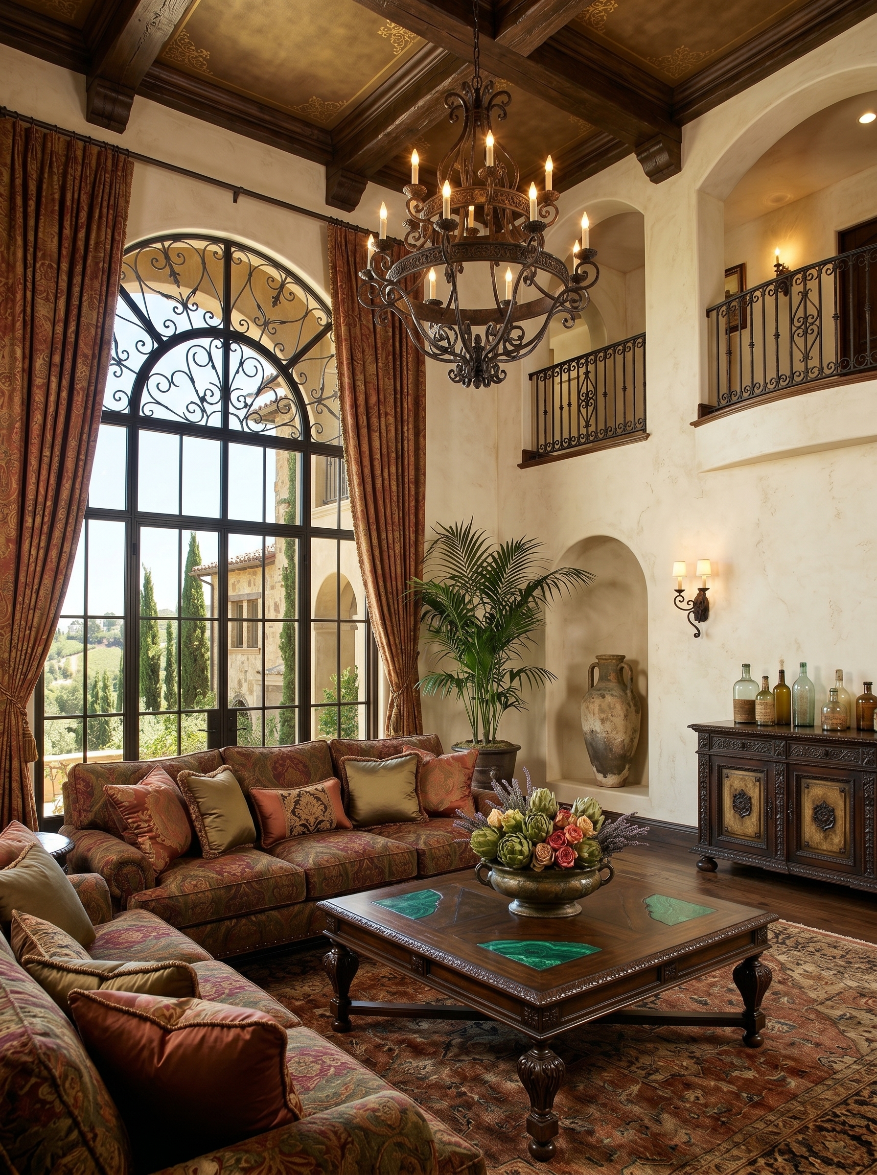 Warm Tuscan living room with leather seating, olive green chairs, terracotta curtains, wrought iron wall art, vintage rug, and indoor olive tree