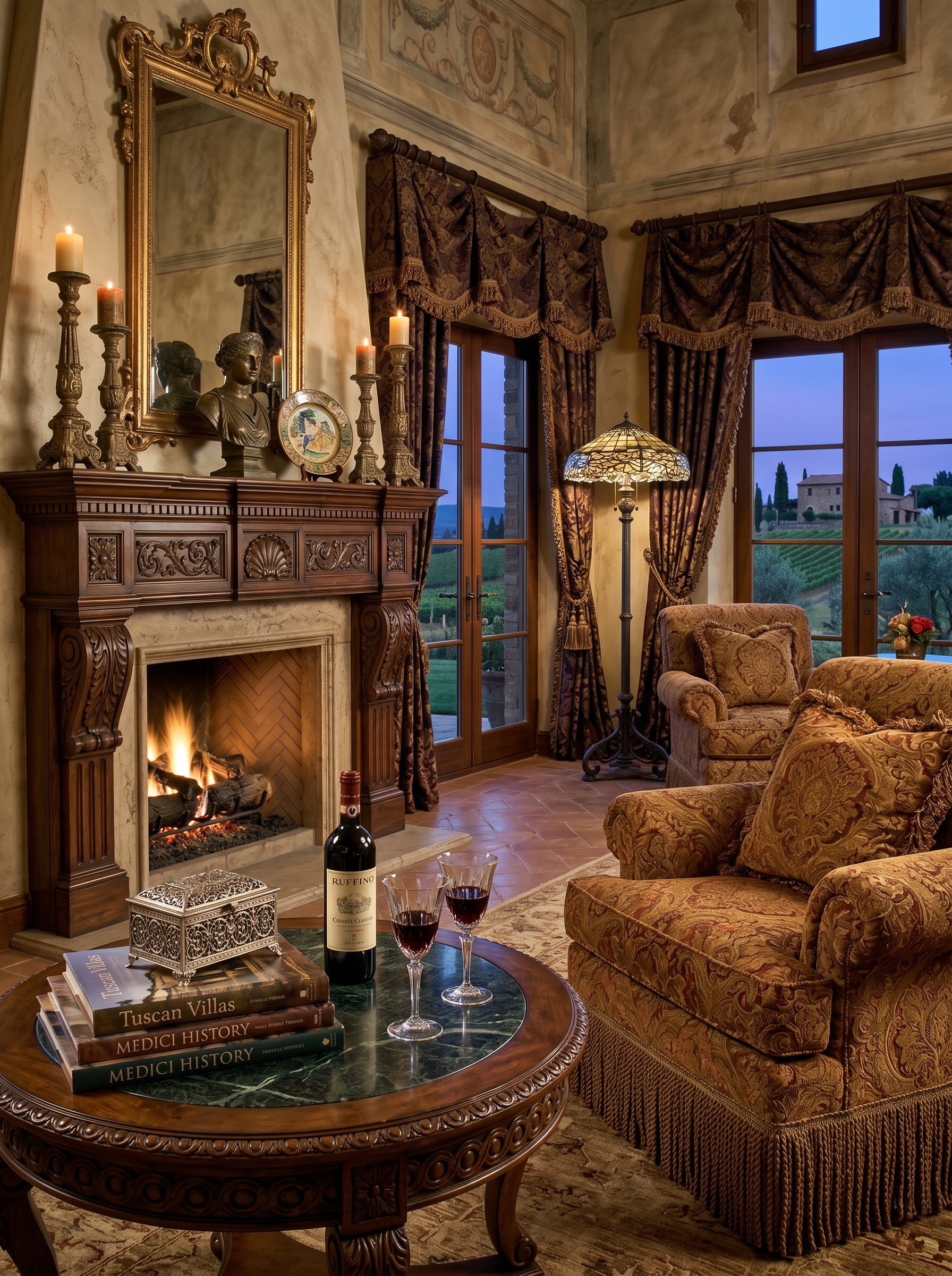 Luxury Tuscan living room with grand arched window, patterned drapes, exposed beams, chandelier, upholstered sofas, and carved coffee table