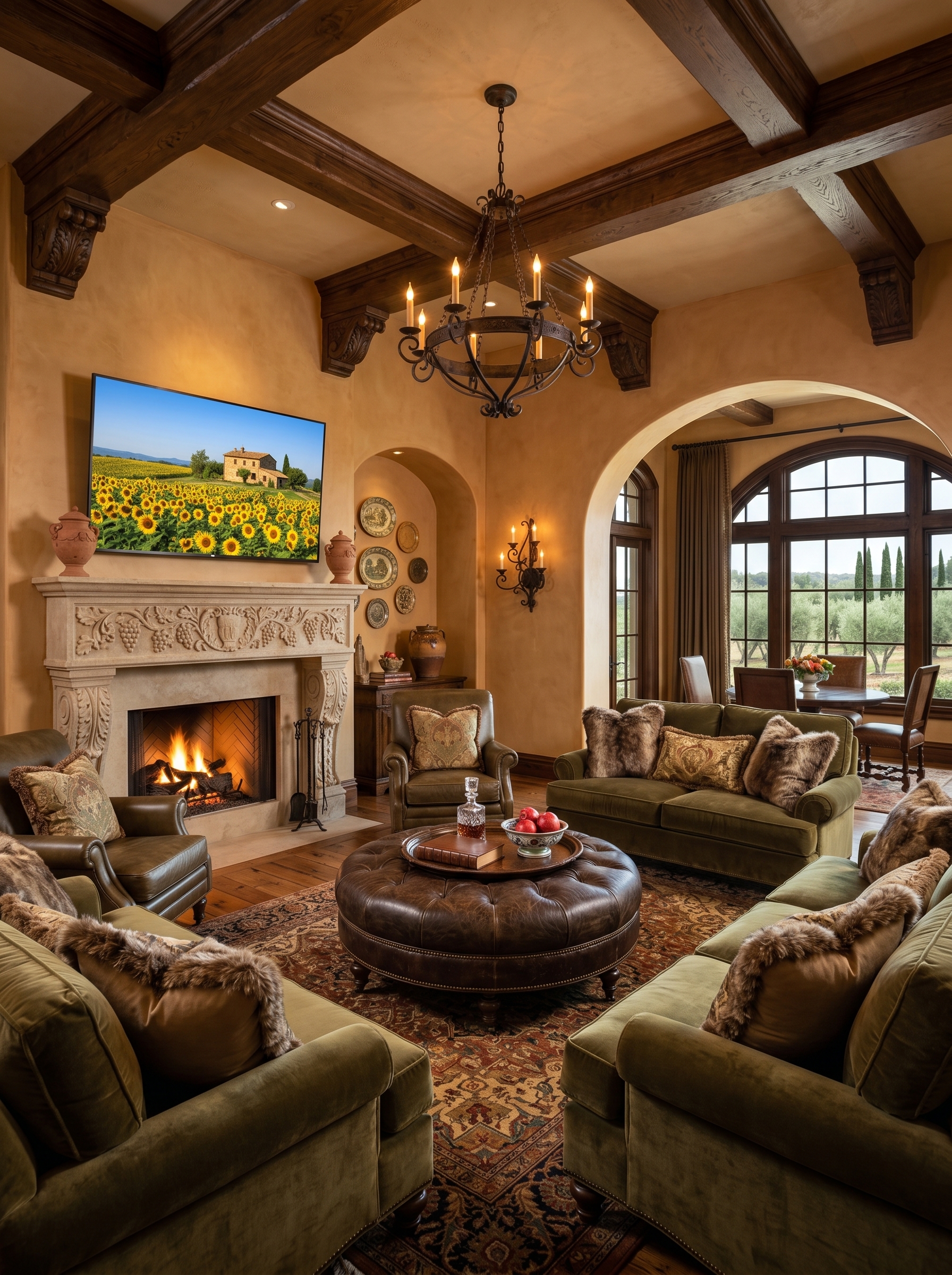 Old-world Tuscan living room with ornate fireplace, gold mirror, patterned armchairs, terracotta floor, marble coffee table, and vintage decor