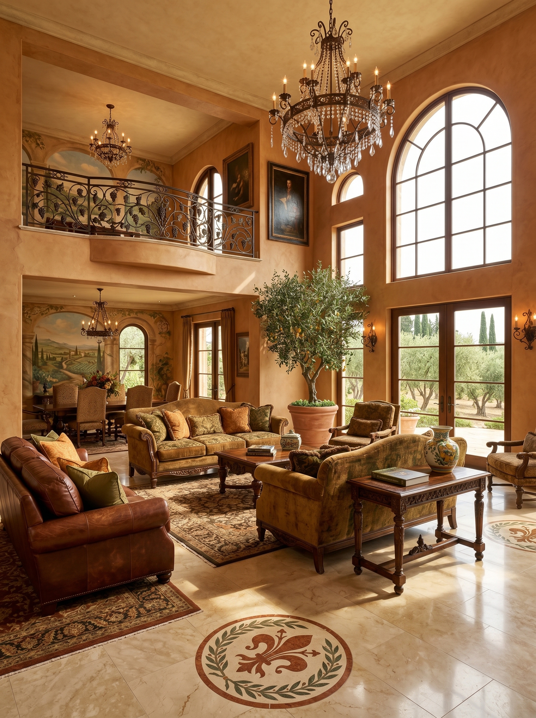 Rustic Tuscan living room with olive green sofas, carved stone fireplace, exposed dark wood beams, leather ottoman, pottery, and patterned rug