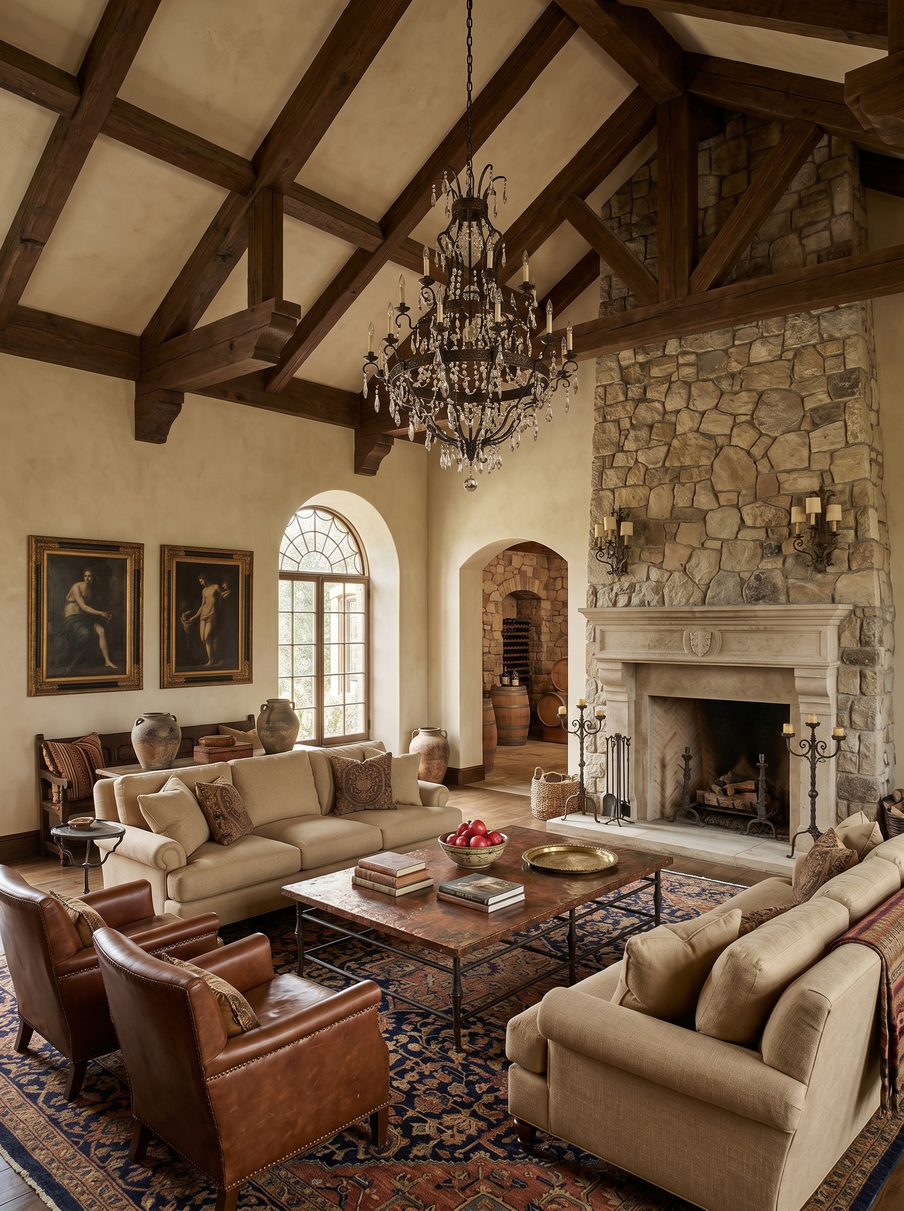 Grand Tuscan living room with arched windows, crystal chandelier, wrought iron railing, leather seating, marble-style floor, and olive tree