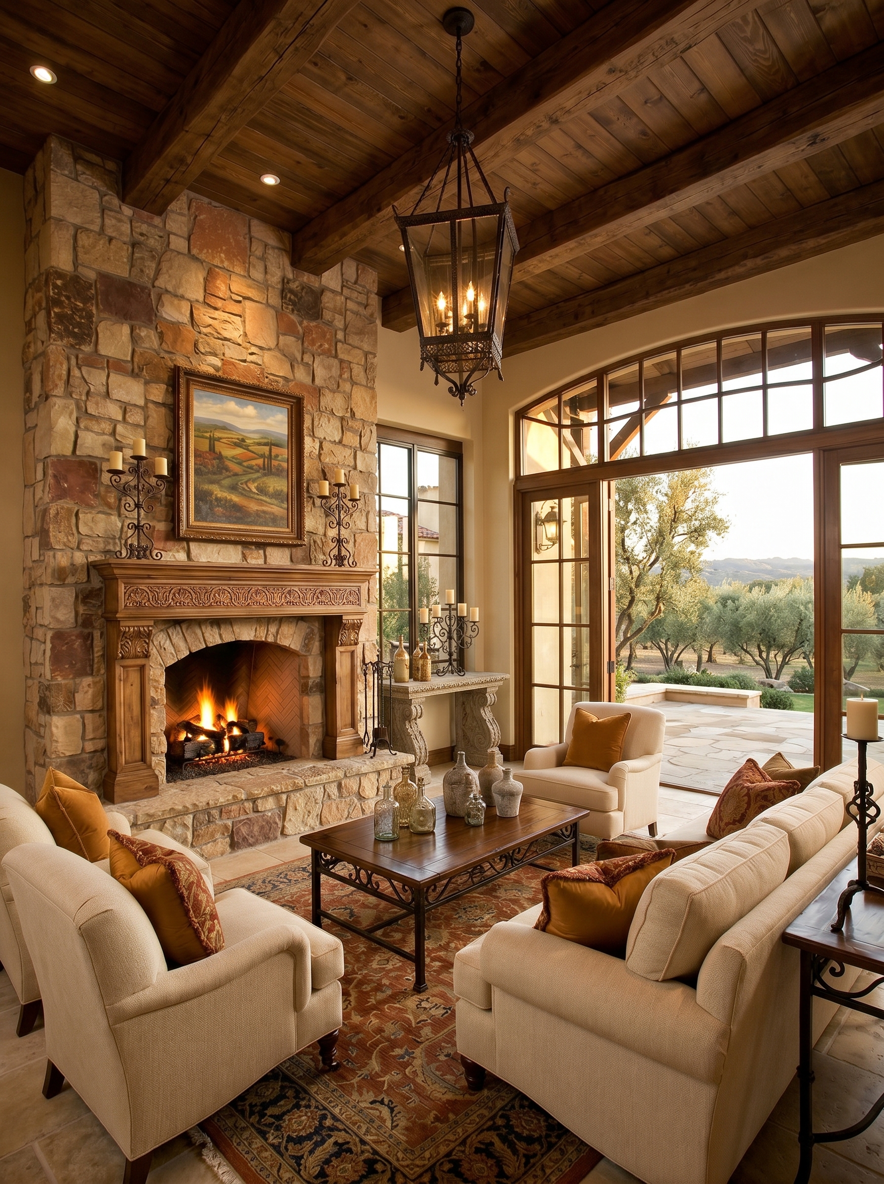 Rustic Tuscan living room with dramatic stone fireplace, exposed wood beams, beige sofas, leather chairs, antique wall art, and pottery