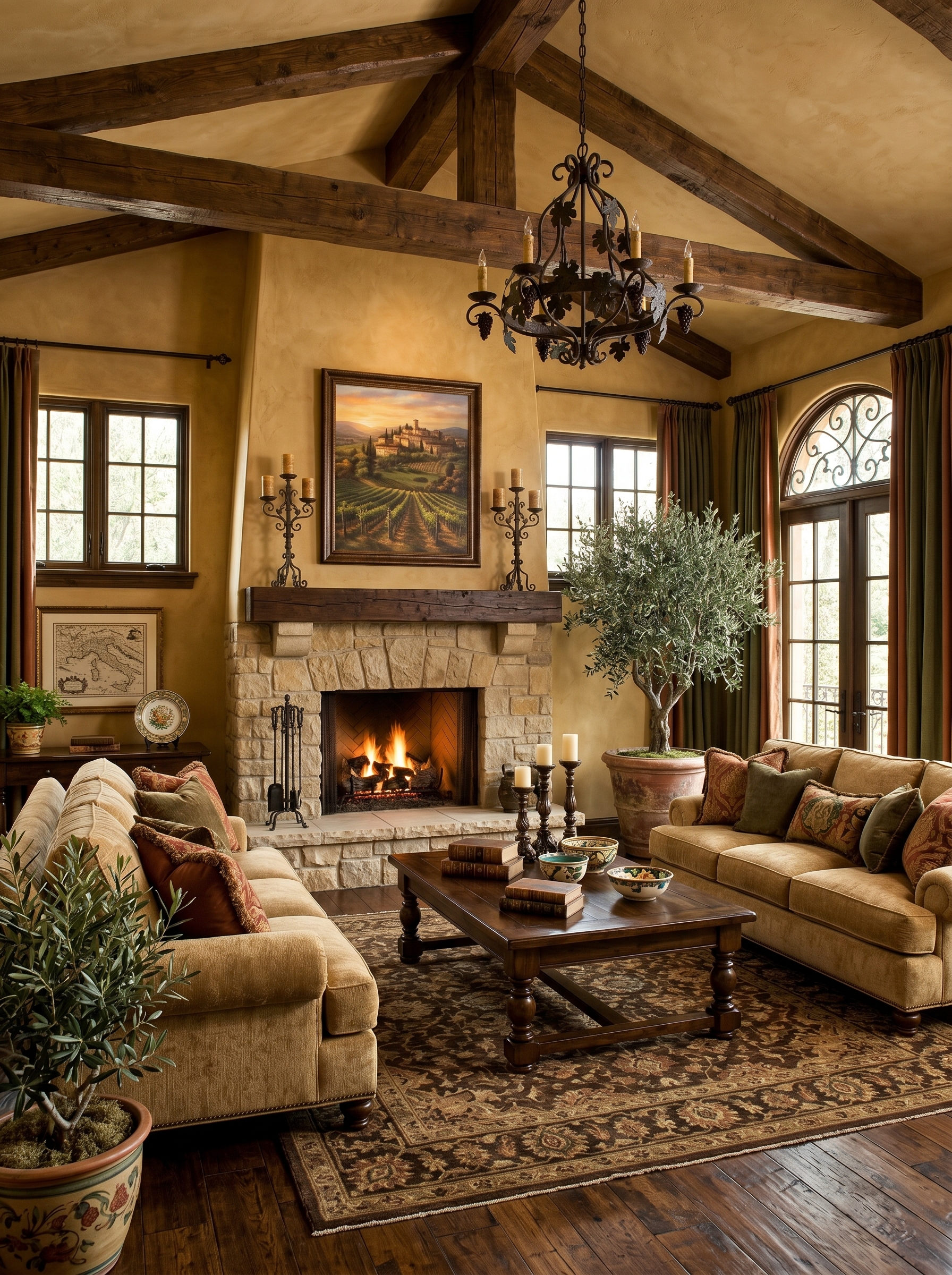 Cozy Tuscan living room with stone fireplace, wood beams, arched windows, cream seating, lantern chandelier, and olive grove view