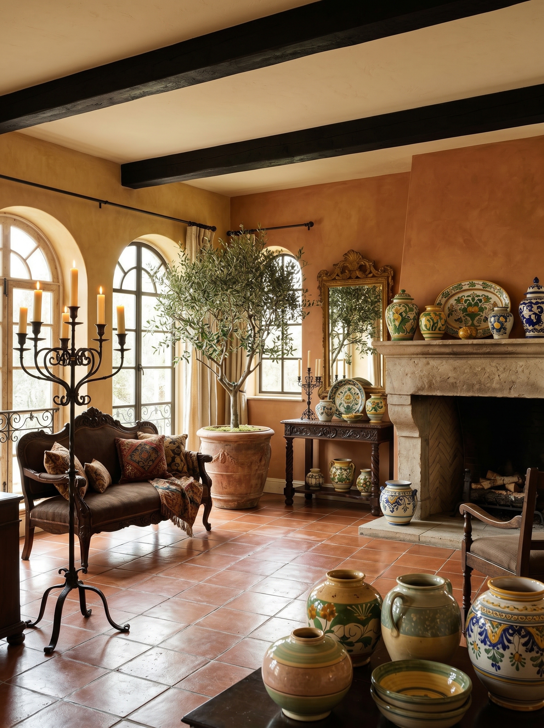 Italian countryside Tuscan living room with stone fireplace, arched doorway, beige sofas, carved coffee table, olive trees, and wrought iron chandelier