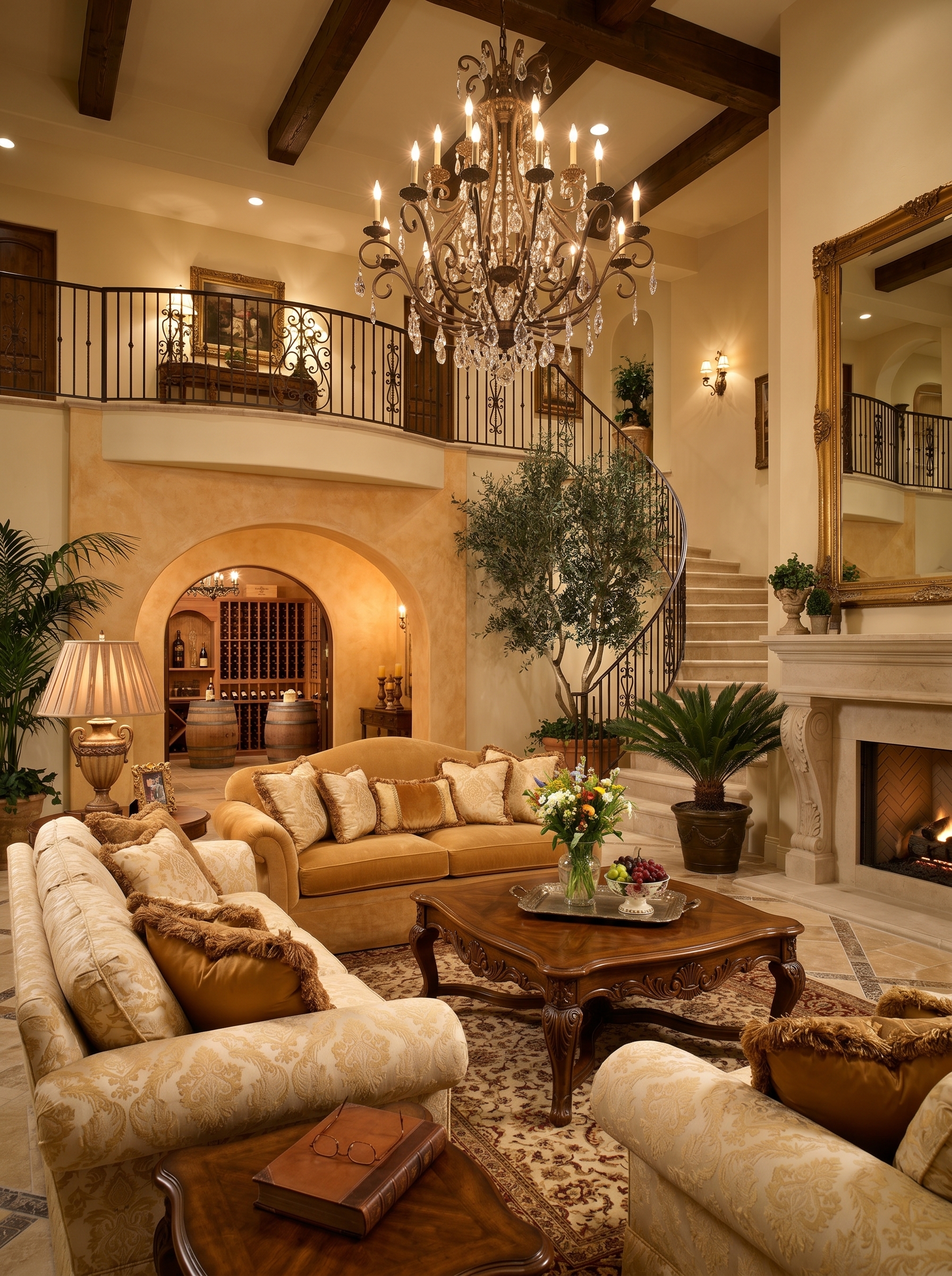 Terracotta Tuscan living room with ceramic pottery, stone fireplace, exposed beams, arched windows, ornate mirror, and olive tree