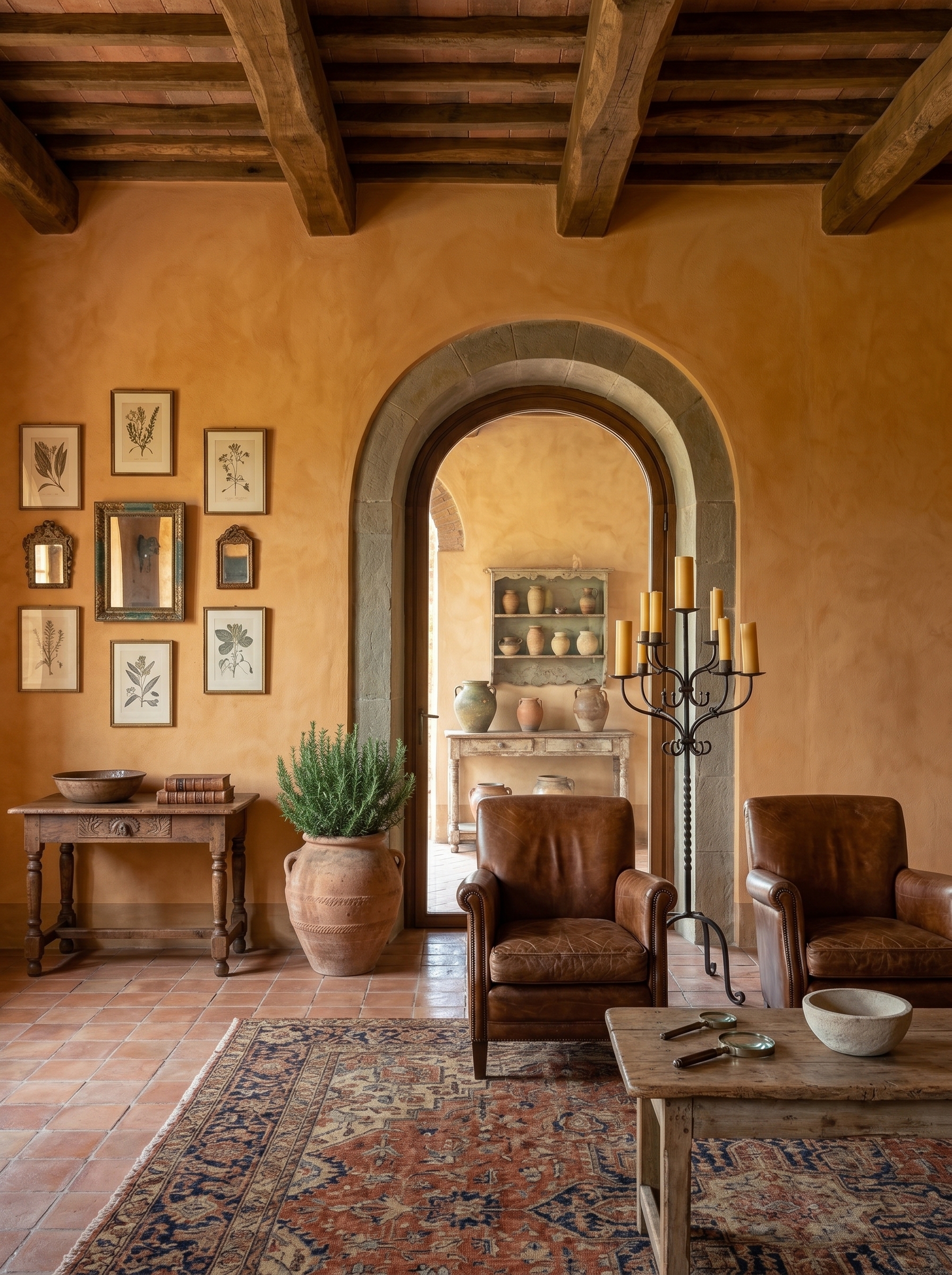Luxury Tuscan living room with wrought iron staircase, crystal chandelier, carved fireplace, cream sofas, gold accents, and arched wine cellar