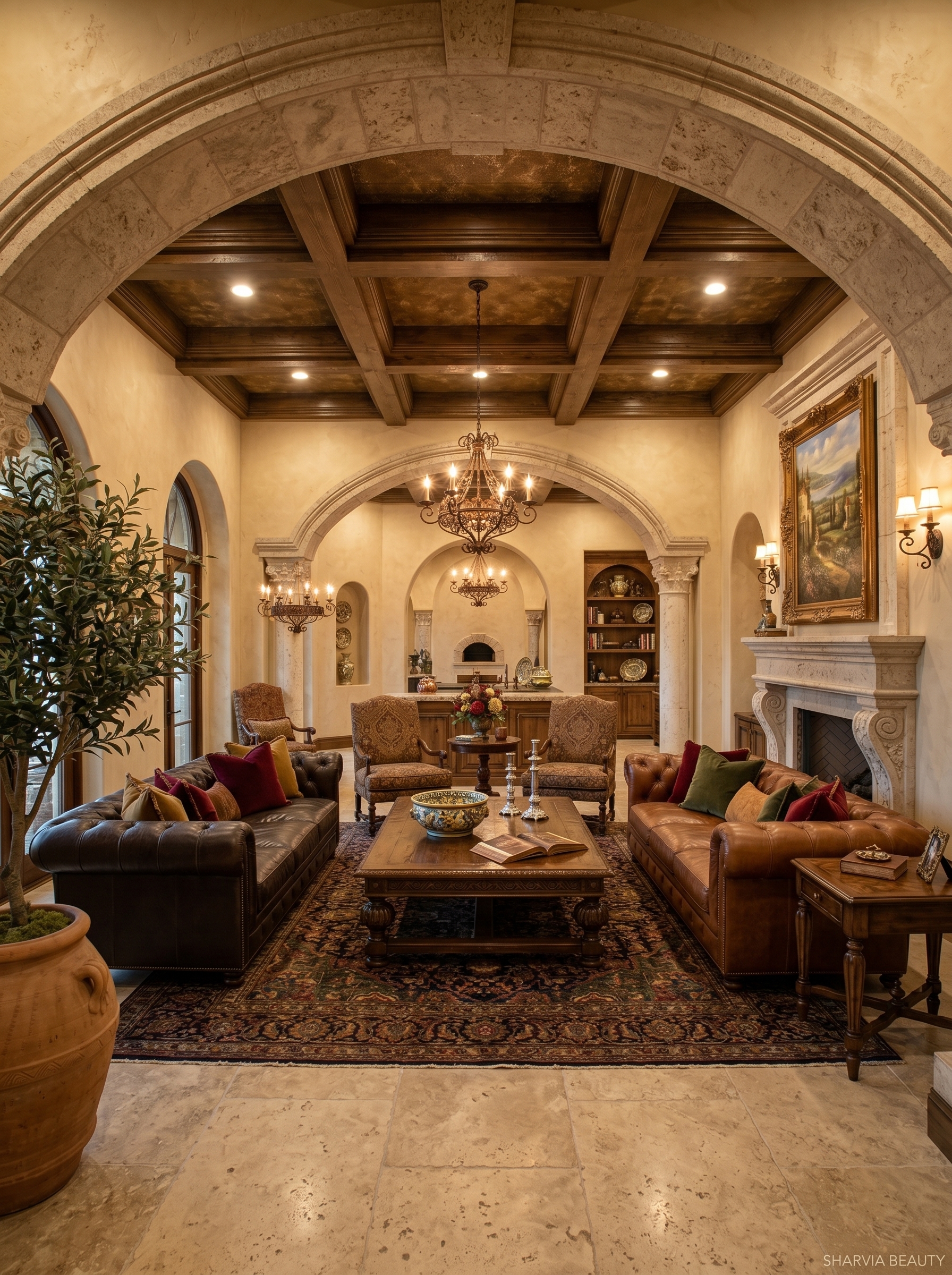Italian farmhouse Tuscan living room with arched doorway, terracotta tile floor, leather armchairs, vintage rug, pottery, and wood beams