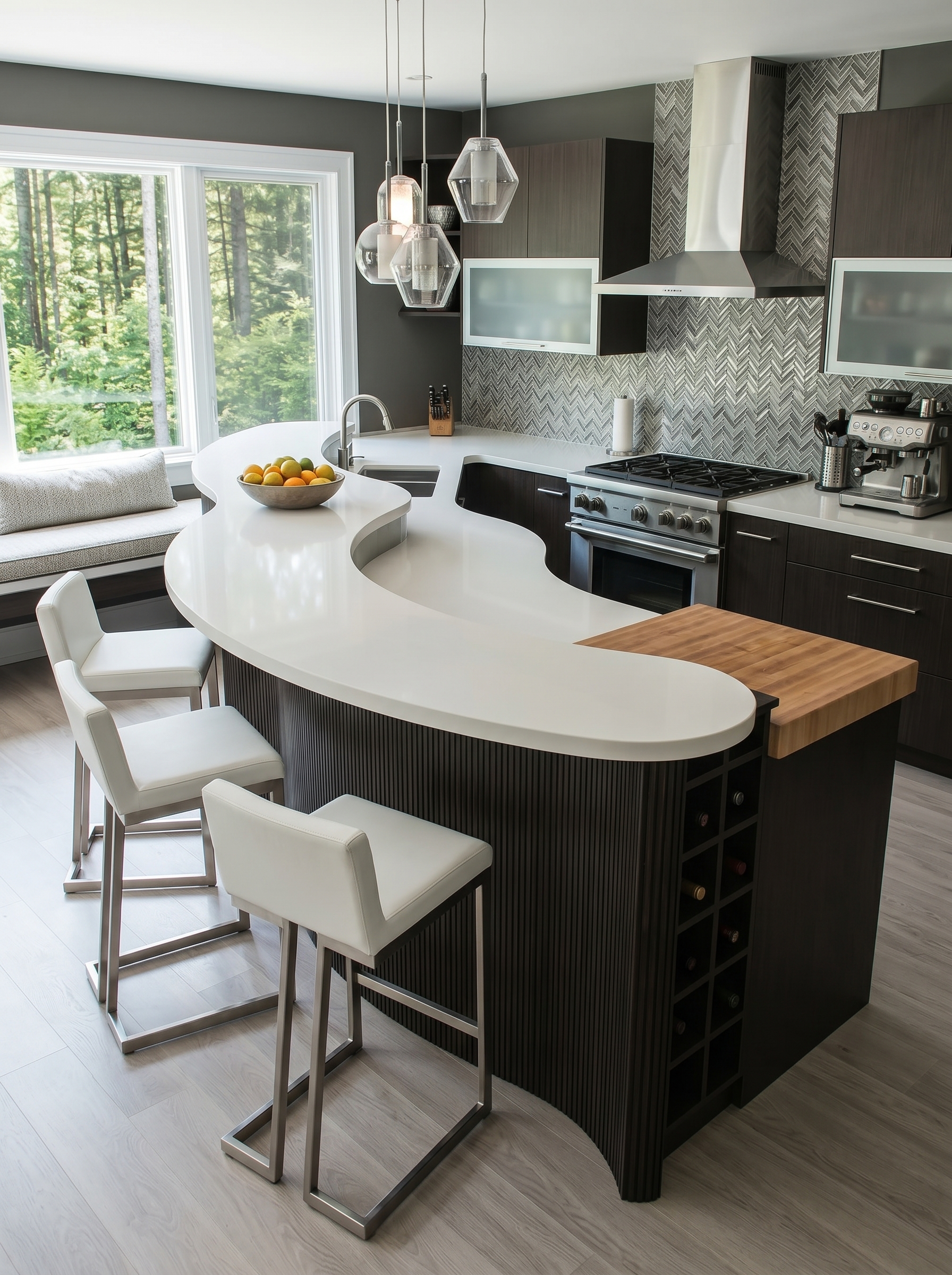 Modern kitchen island with seating, storage cabinets, spacious countertop, pendant lights, bar stools, and elegant kitchen decor