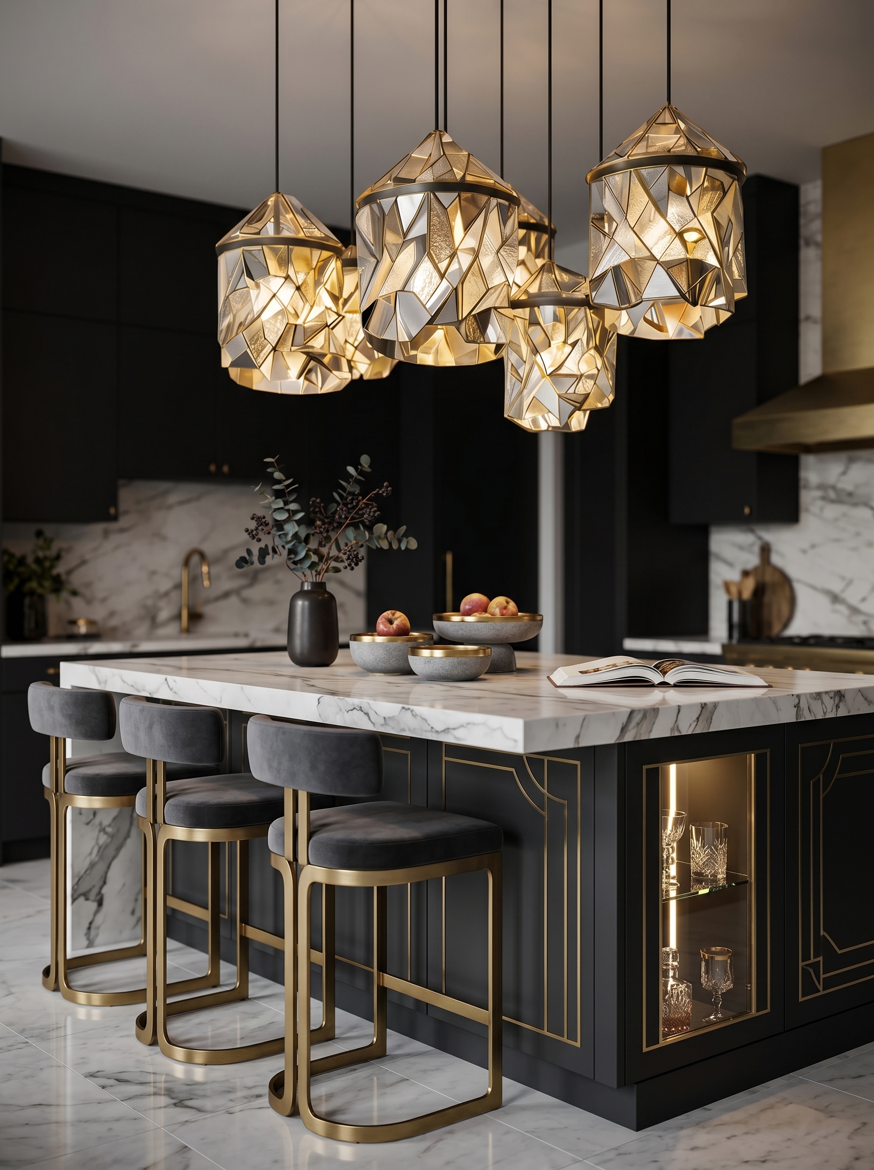 Curved kitchen island with white countertop, dark fluted base, built-in seating, wine shelving, and modern pendant lighting