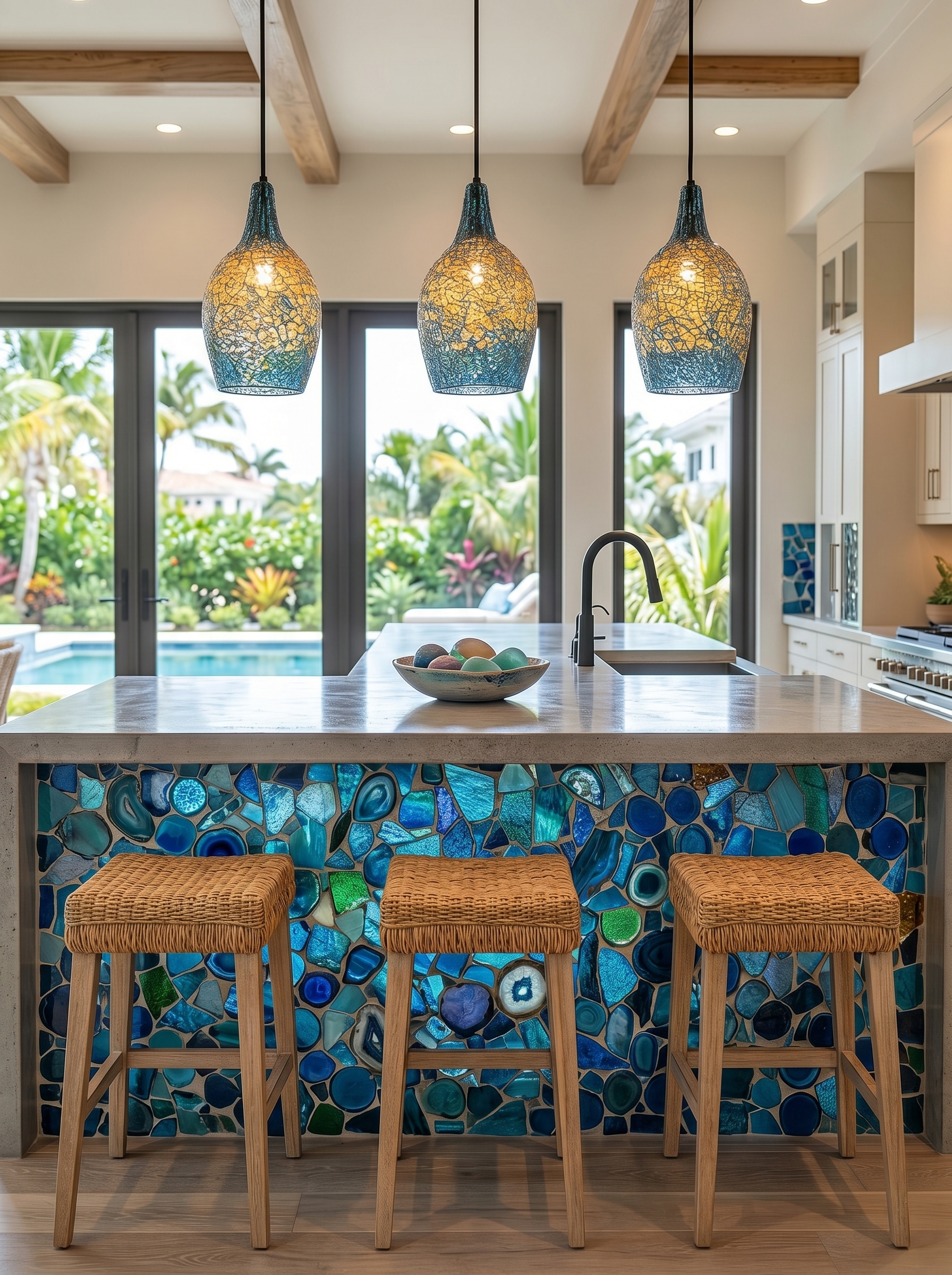 Black and gold kitchen island with white marble countertop, velvet stools, display storage, luxury lighting, and dark cabinetry