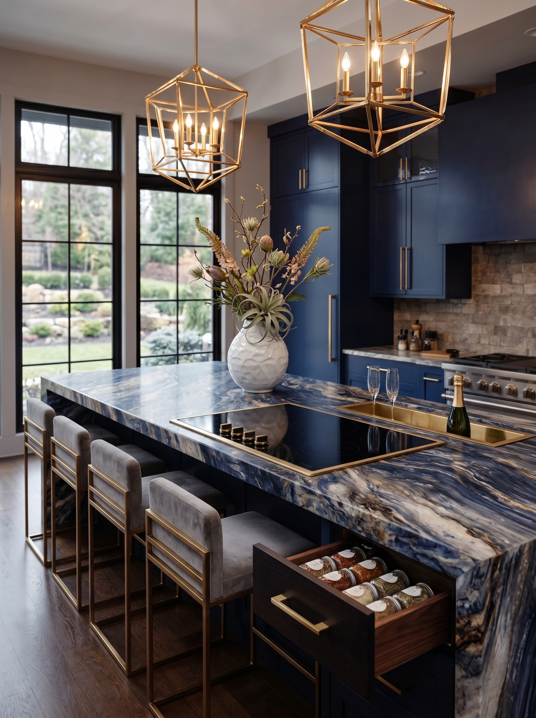 Coastal kitchen island with blue mosaic tile base, light countertop, woven bar stools, pendant lights, sink, and open kitchen layout