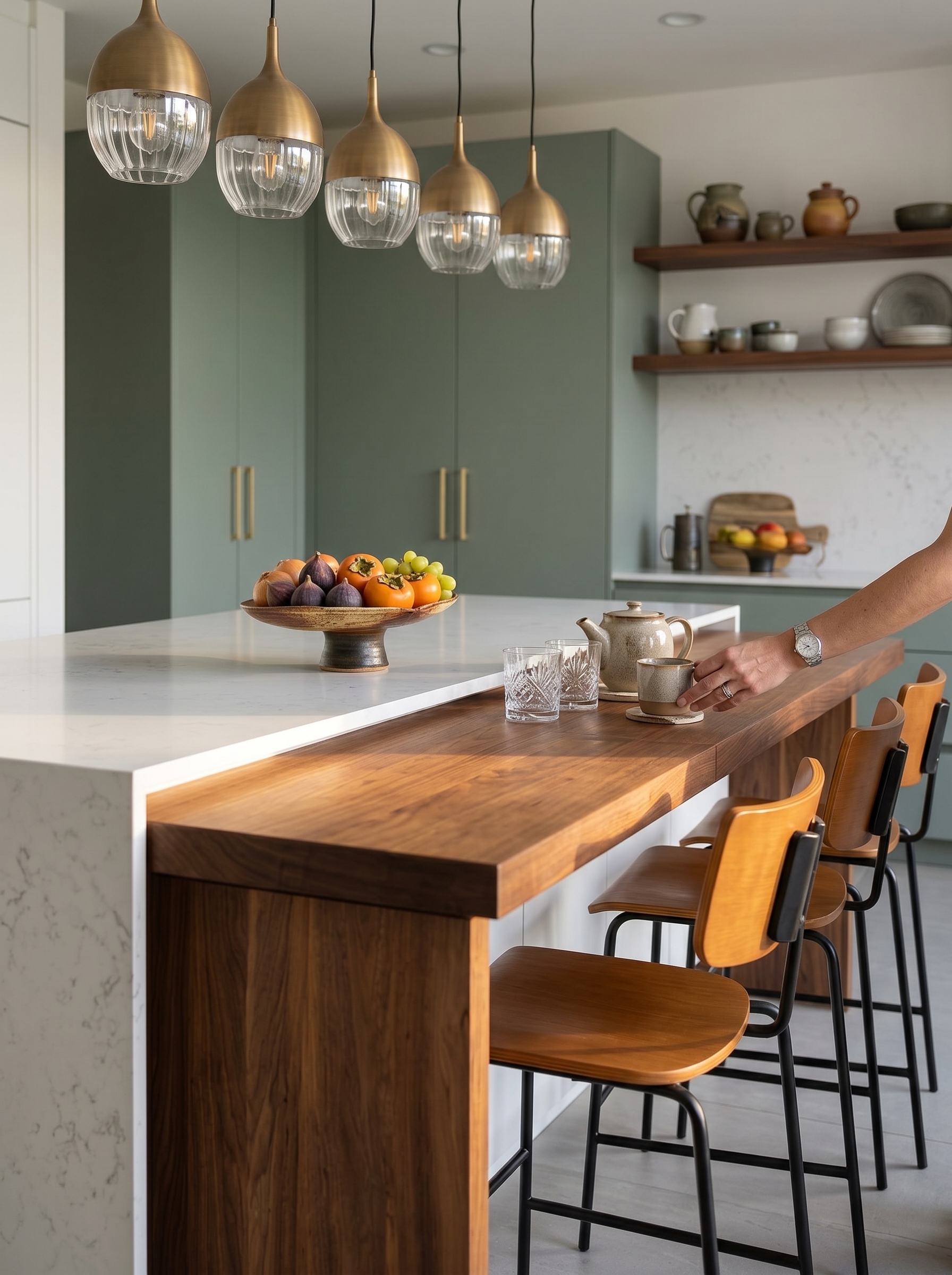 Coastal kitchen island with illuminated blue water-effect countertop, woven bar stools, sink, pendant lights, and white cabinetry