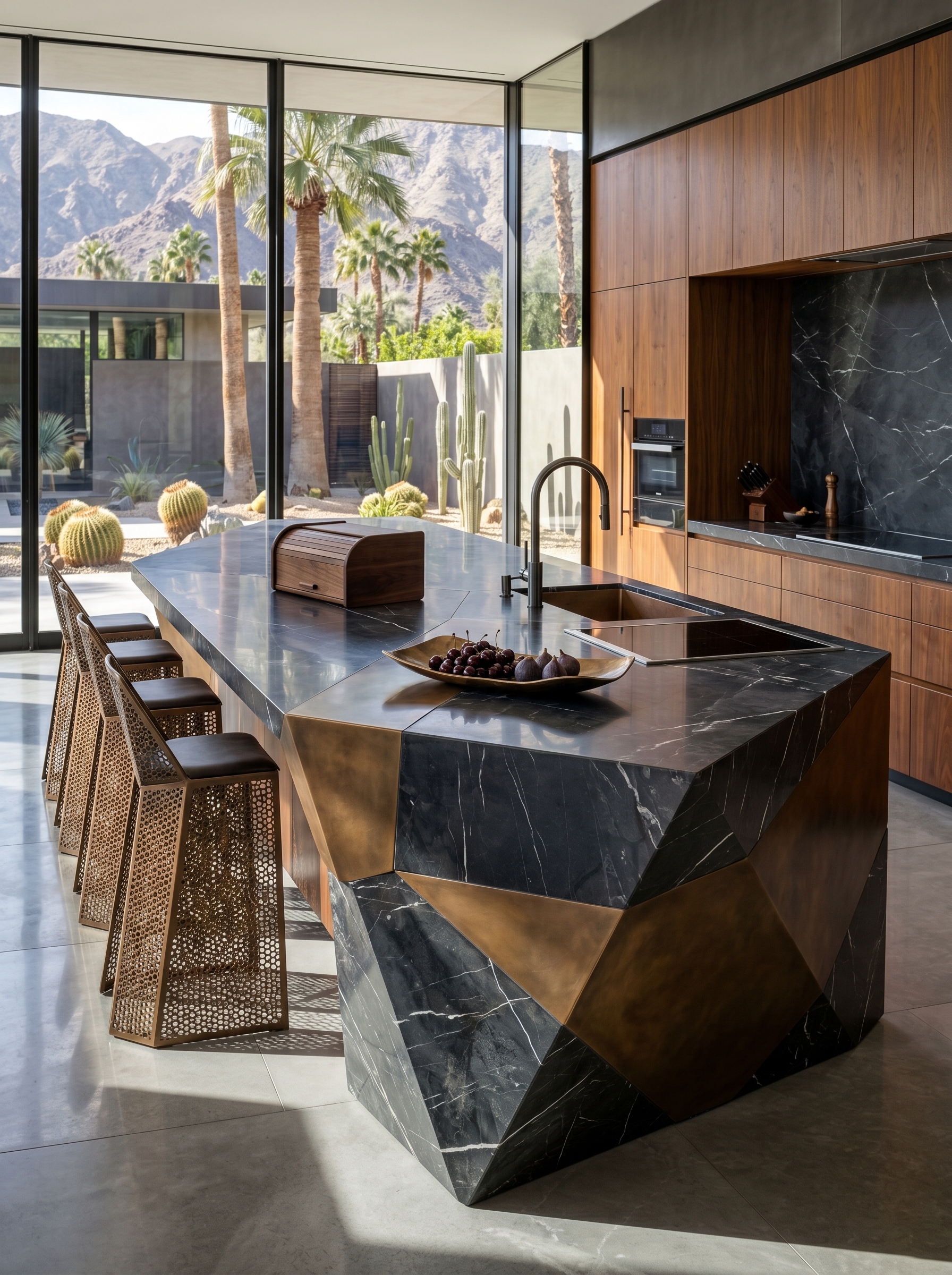 Warm wood breakfast bar kitchen island with white countertop, green cabinets, brass pendant lights, open shelves, and bar stools