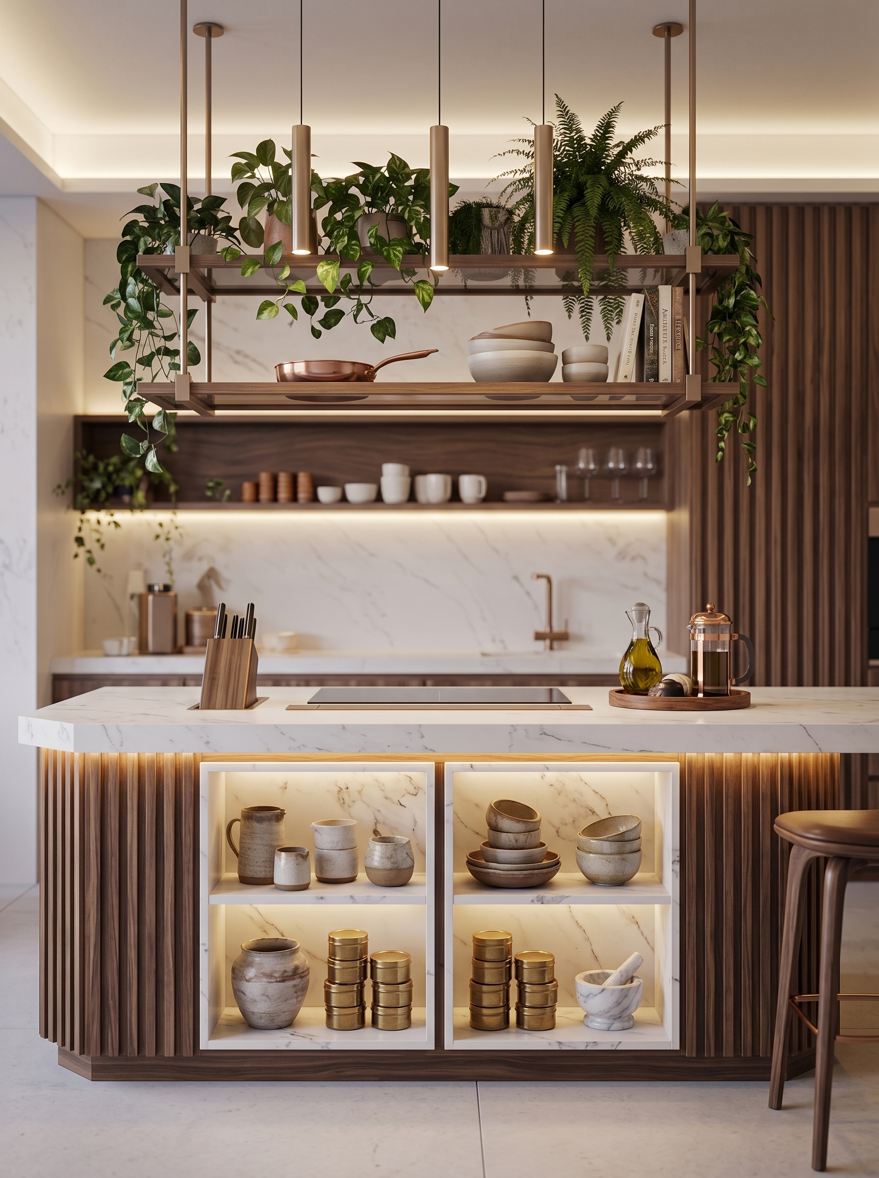 Black marble and bronze geometric kitchen island with waterfall countertop, built-in sink, cooktop, wood cabinetry, and bar seating