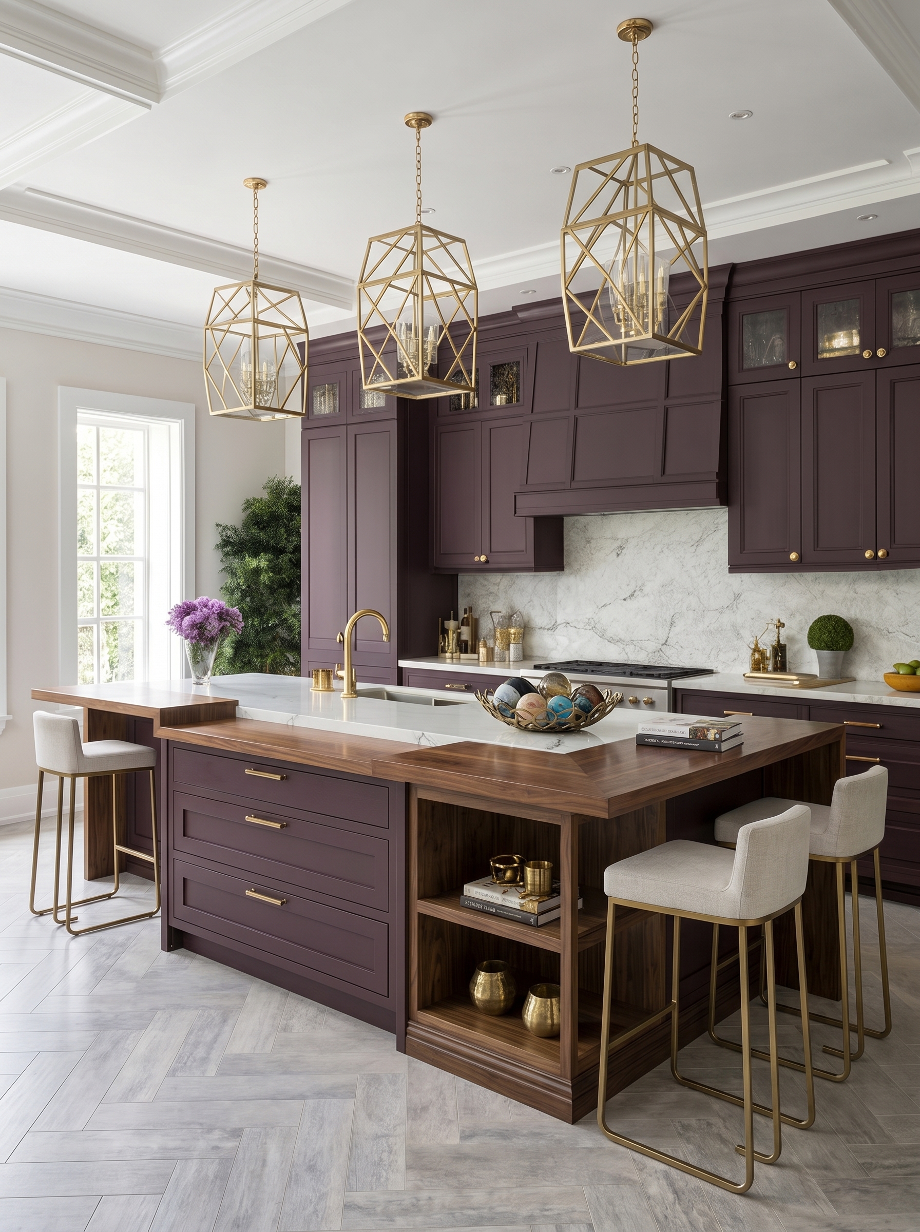 Fluted wood kitchen island with white countertop, illuminated open shelving, built-in cooktop, greenery, pendant lights, and modern decor