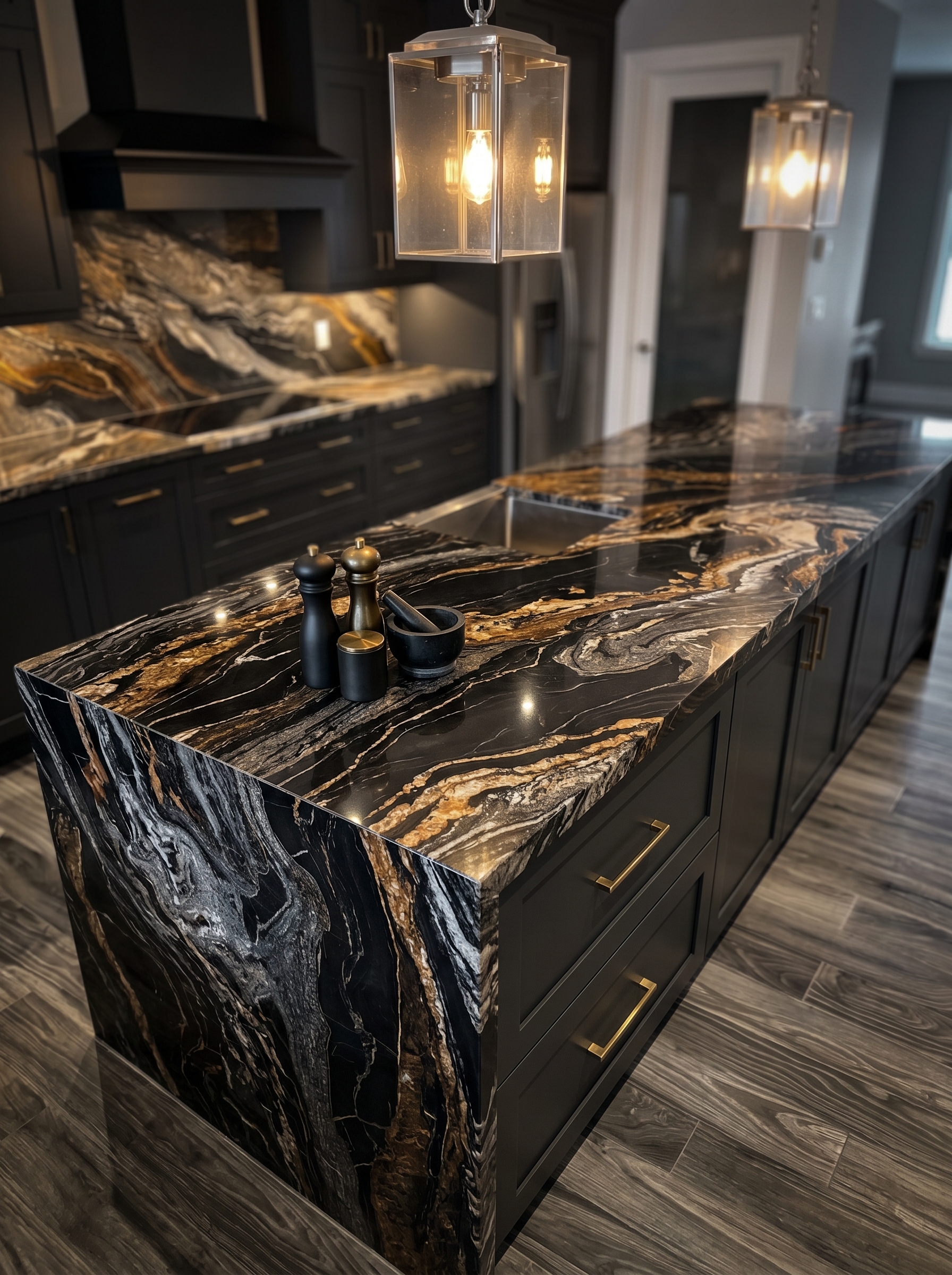 Luxury kitchen island with plum cabinetry, white marble countertop, wood extensions, gold accents, upholstered stools, and pendant lighting
