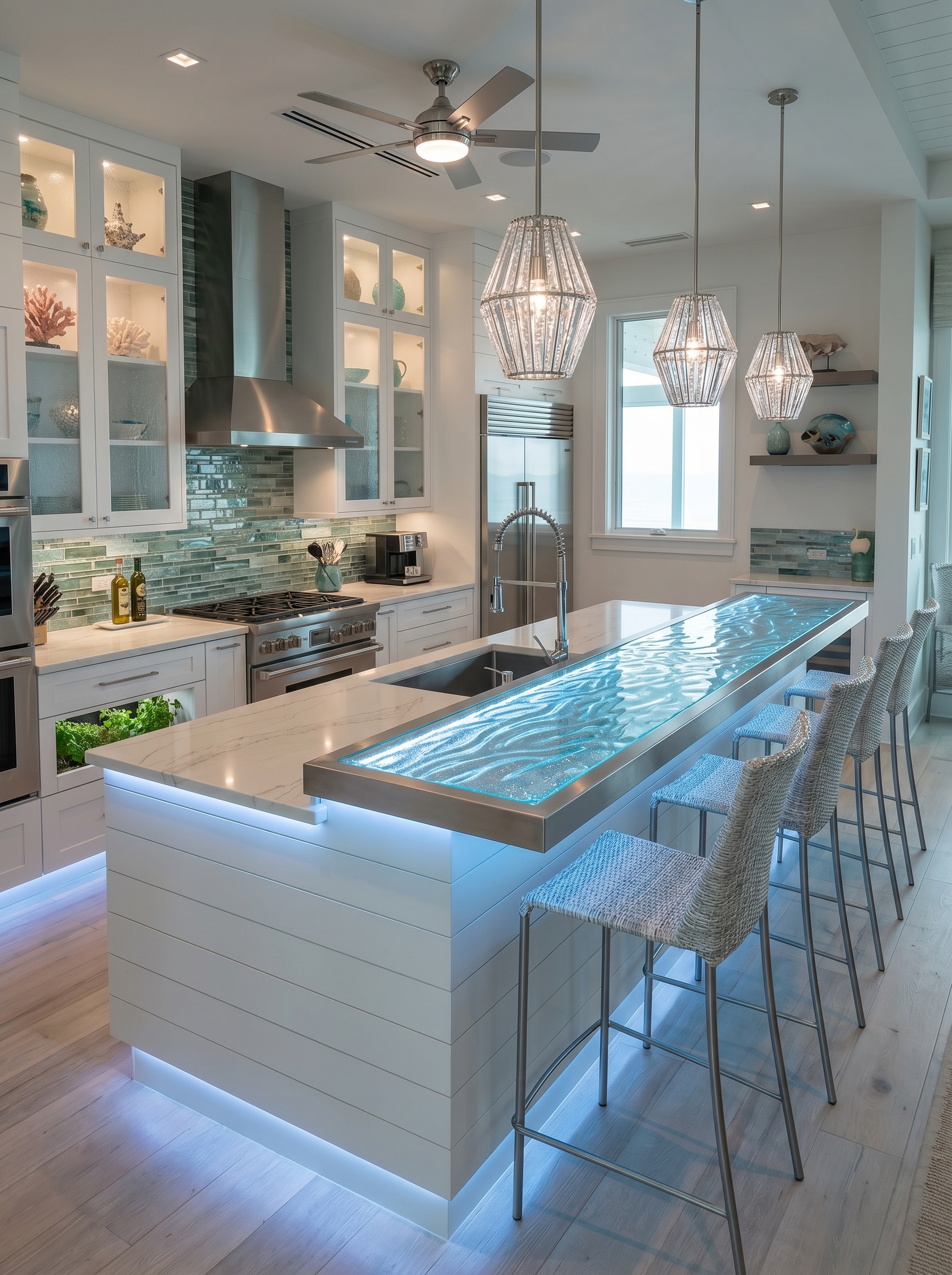 Blue marble waterfall kitchen island with navy cabinetry, gold accents, built-in cooktop, upholstered stools, and luxury pendant lights