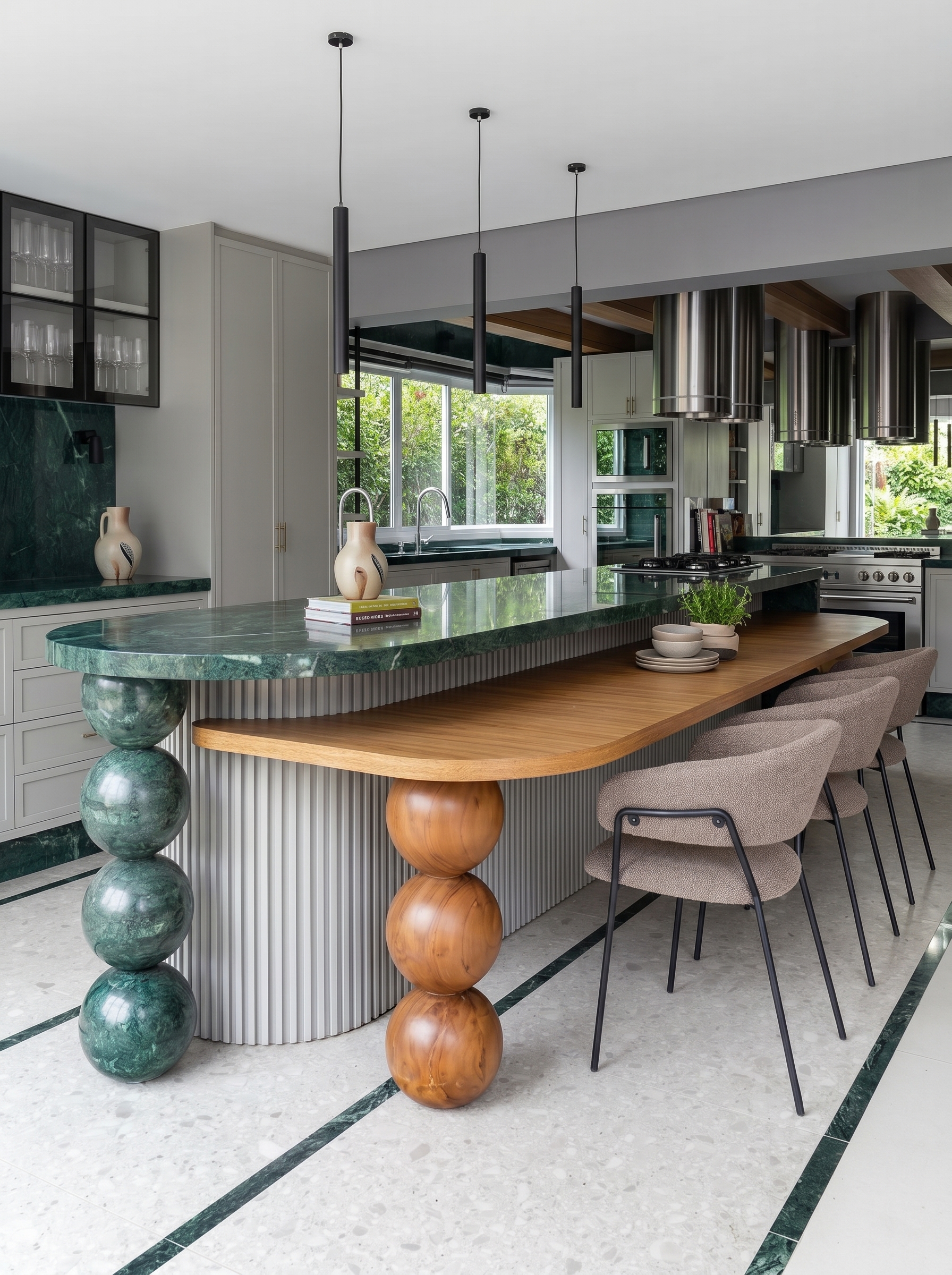 Dramatic black stone waterfall kitchen island with gold veining, built-in sink, dark cabinetry, stone backsplash, and luxury lighting