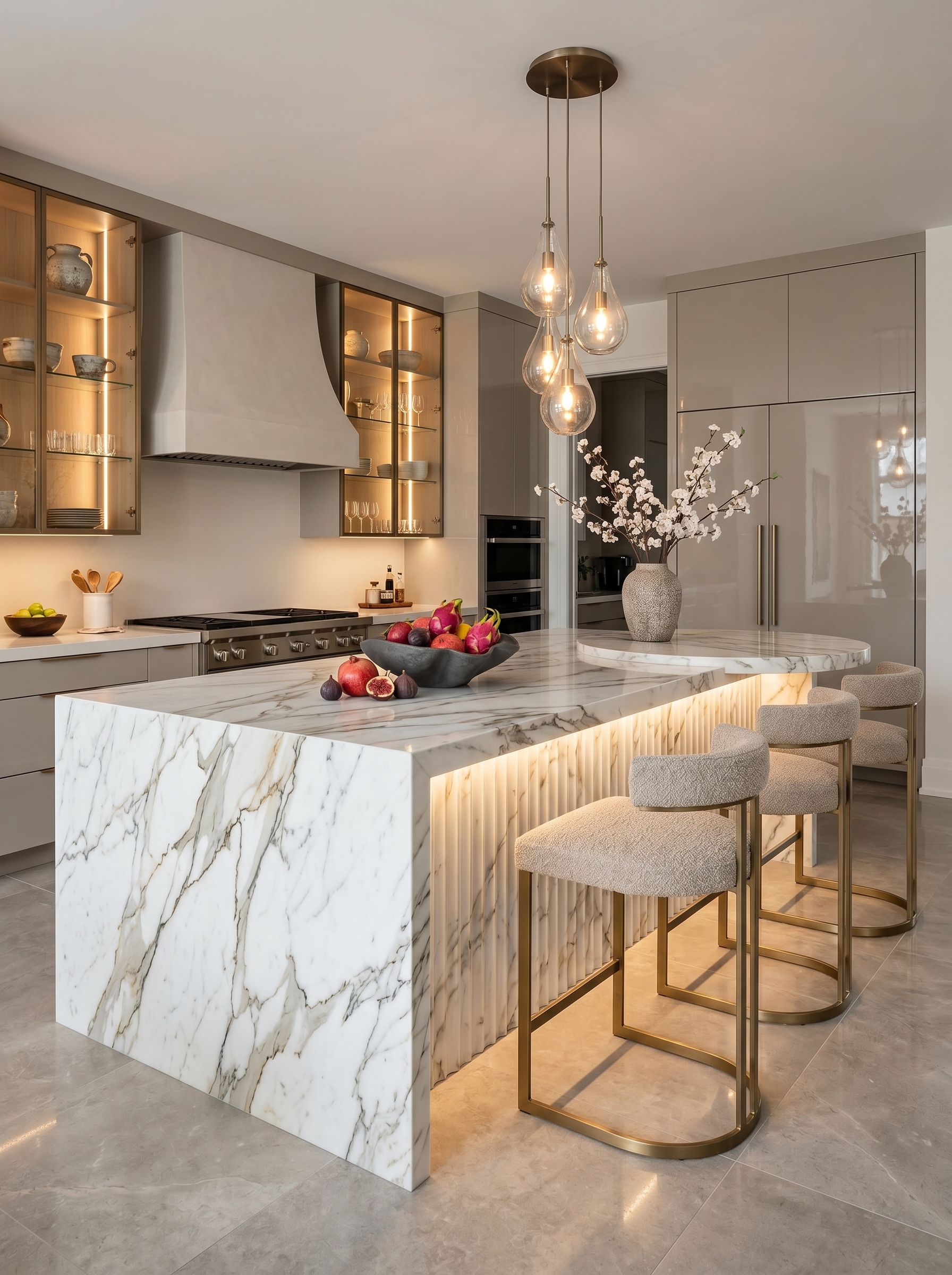 Green stone kitchen island with wood dining extension, sculptural rounded base, fluted texture, upholstered chairs, and pendant lights