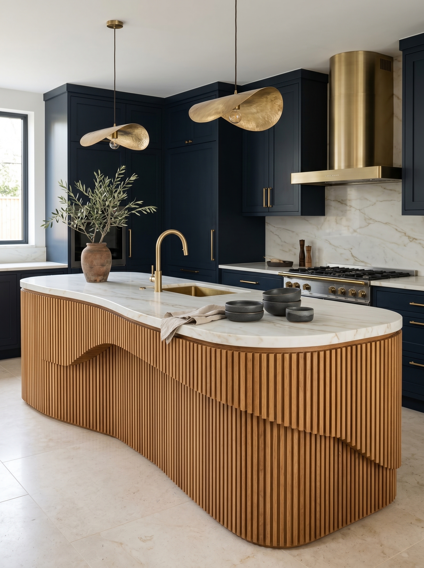 Elegant marble kitchen island with curved seating, fluted front panel, built-in lighting, gold bar stools, and sculptural pendant lights