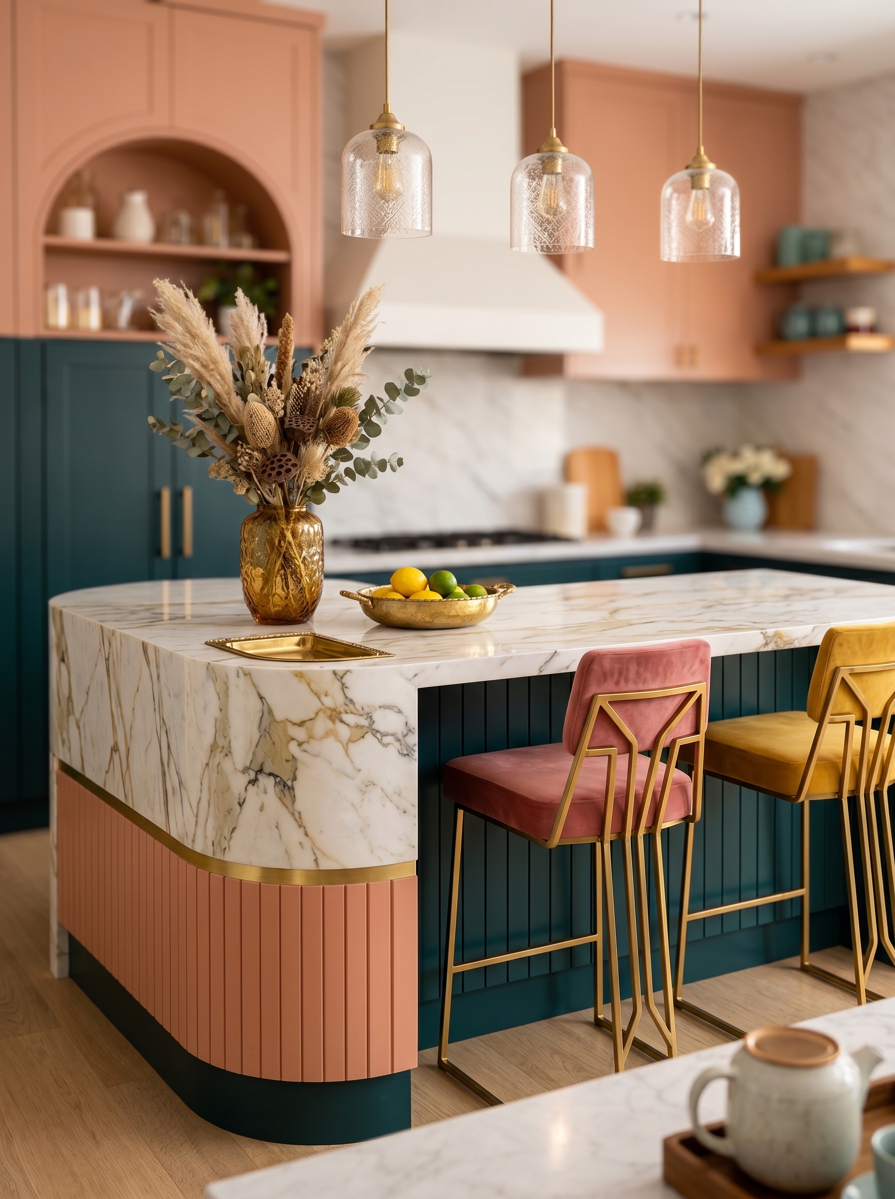 Sculptural curved kitchen island with fluted wood base, white marble countertop, built-in sink, navy cabinets, and brass accents