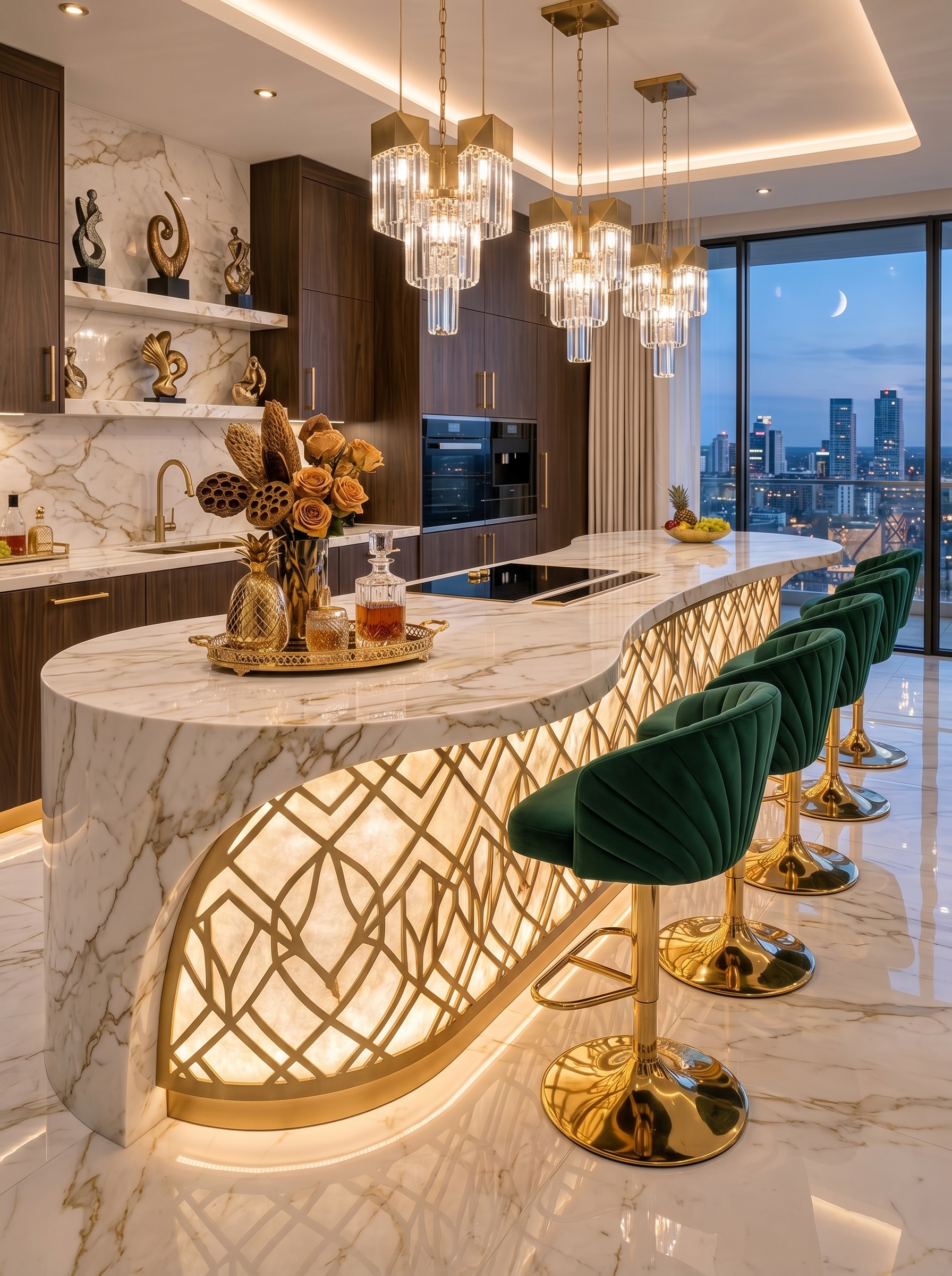 Colorful teal and coral kitchen island with white marble countertop, pink and mustard bar stools, gold accents, and glass pendant lights